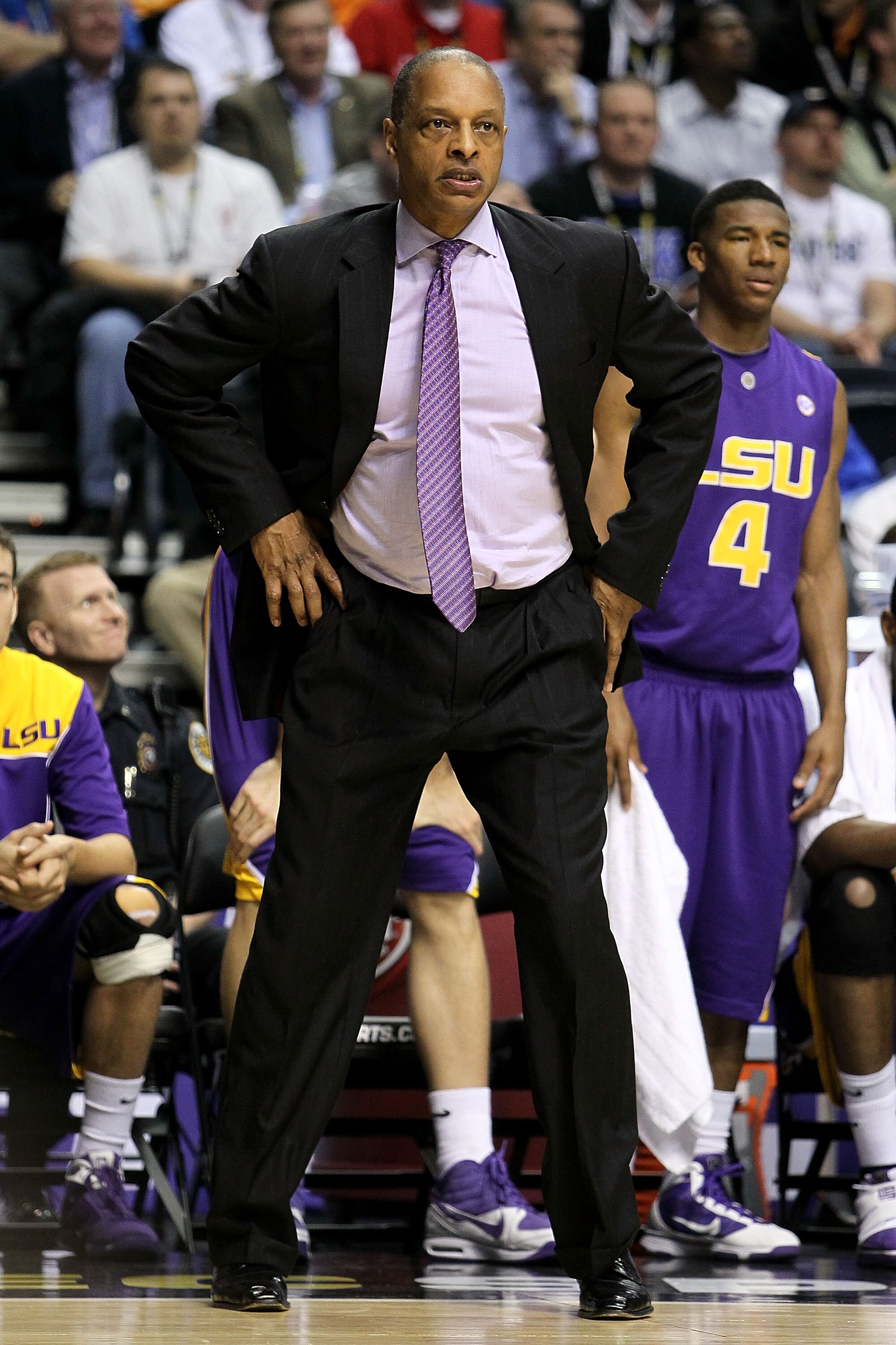 NASHVILLE, TN - MARCH 11:  Head coach Trent Johnson of the LSU Tigers coaches against the Tennessee Volunteers during the first round of the SEC Men's Basketball Tournament at the Bridgestone Arena on March 11, 2010 in Nashville, Tennessee.  (Photo by And