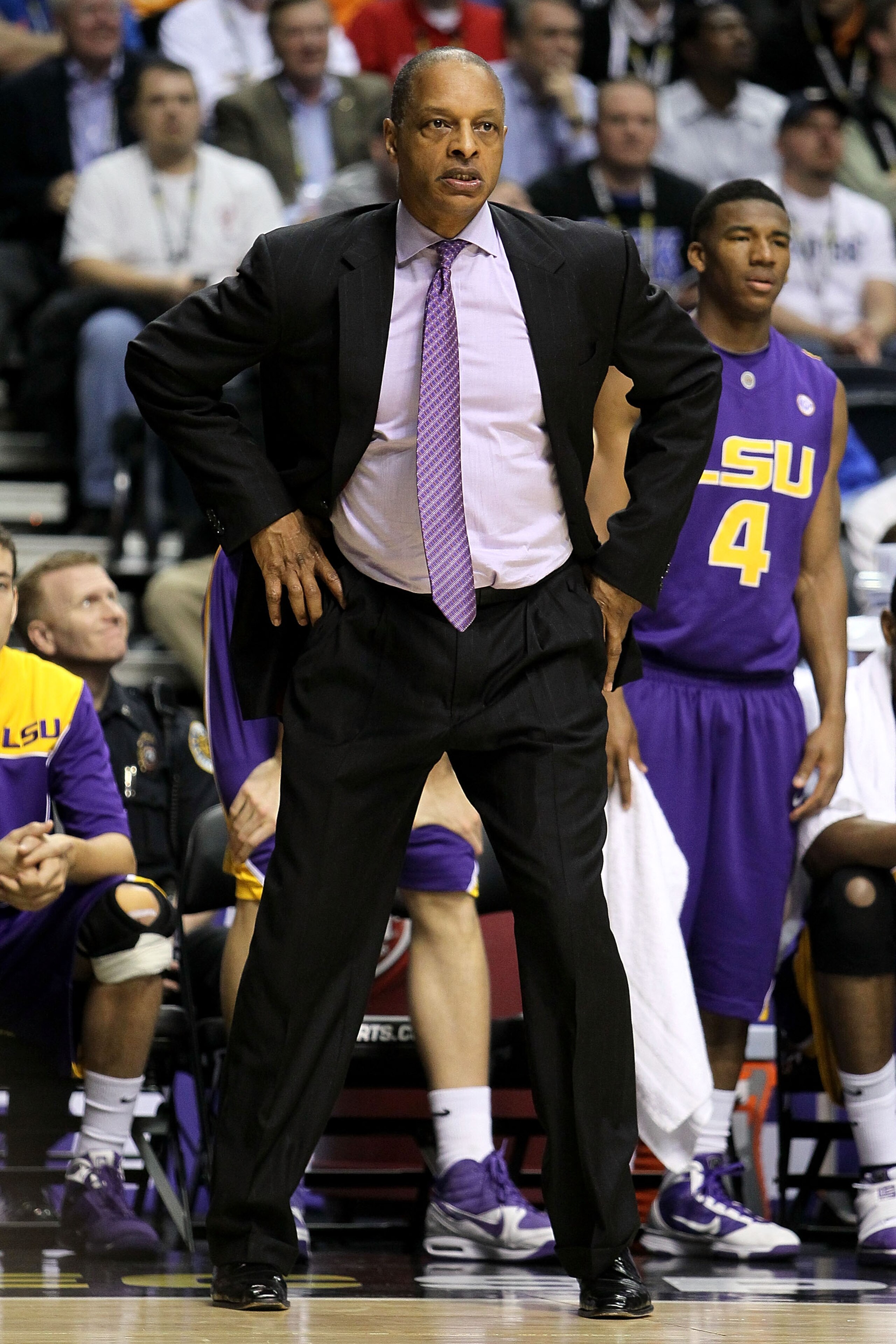 NASHVILLE, TN - MARCH 11:  Head coach Trent Johnson of the LSU Tigers coaches against the Tennessee Volunteers during the first round of the SEC Men's Basketball Tournament at the Bridgestone Arena on March 11, 2010 in Nashville, Tennessee.  (Photo by And