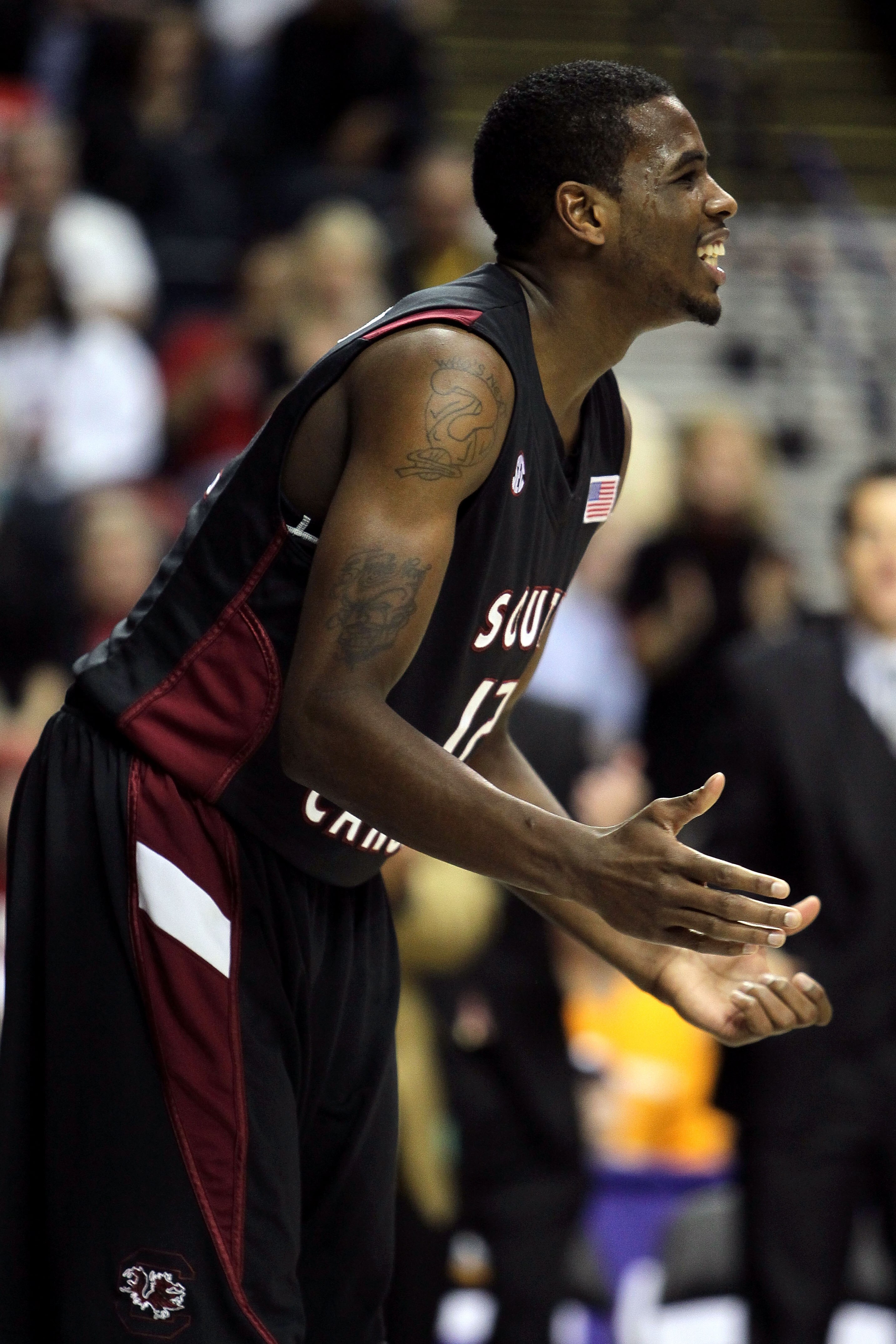 NASHVILLE, TN - MARCH 11:  Ramon Galloway #12 of the South Carolina Gamecocks reacts against the Alabama Crimson Tide during the first round of the SEC Men's Basketball Tournament at the Bridgestone Arena on March 11, 2010 in Nashville, Tennessee.  (Photo