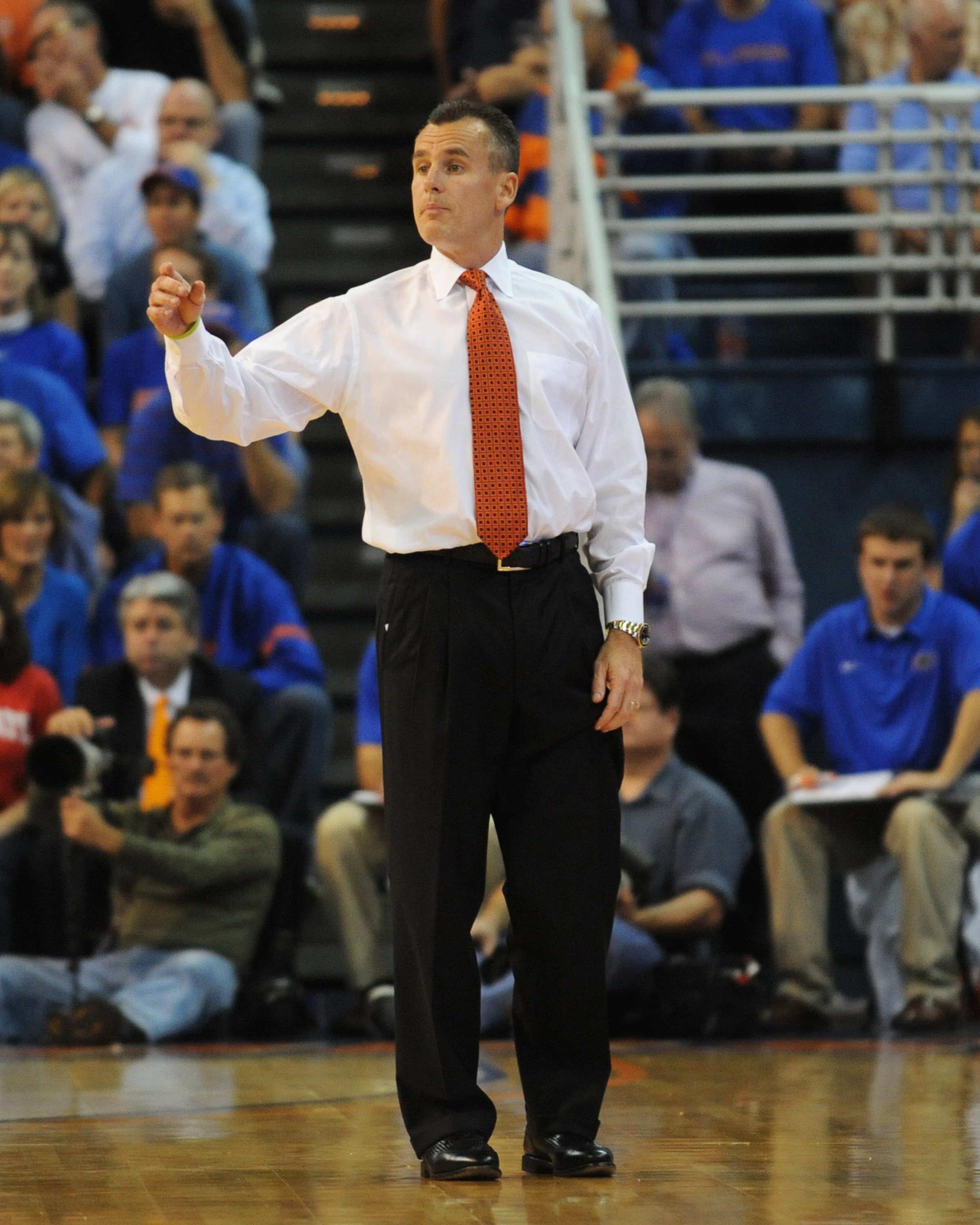 GAINESVILLE, FL - NOVEMBER 16: Coach Billy Donovan of the Florida Gators directs play against the Ohio State Buckeyes November 16, 2010 at the Stephen C. O'Connell Center in Gainesville, Florida.  (Photo by Al Messerschmidt/Getty Images)