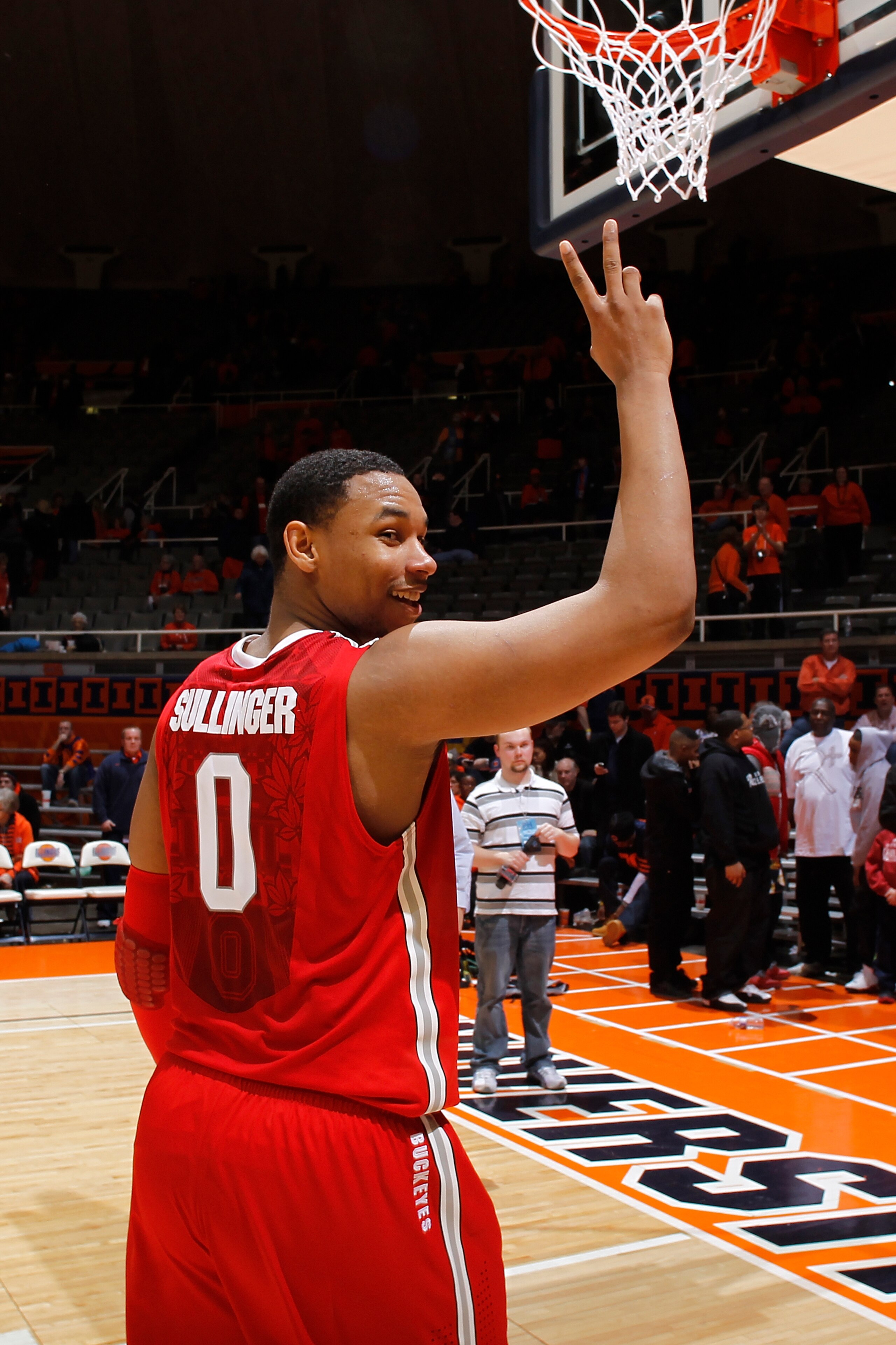 CHAMPAIGN, IL - JANUARY 22: Jared Sullinger #0 of the Ohio State Buckeyes gestures toward the student section as he leaves the floor after the game against the Illinois Fighting Illini at Assembly Hall on January 22, 2011 in Champaign, Illinois. Ohio Stat CHAMPAIGN, IL - JANUARY 22: Jared Sullinger #0 of the Ohio State Buckeyes gestures toward the student section as he leaves the floor after the game against the Illinois Fighting Illini at Assembly Hall on January 22, 2011 in Champaign, Illinois. Ohio Stat