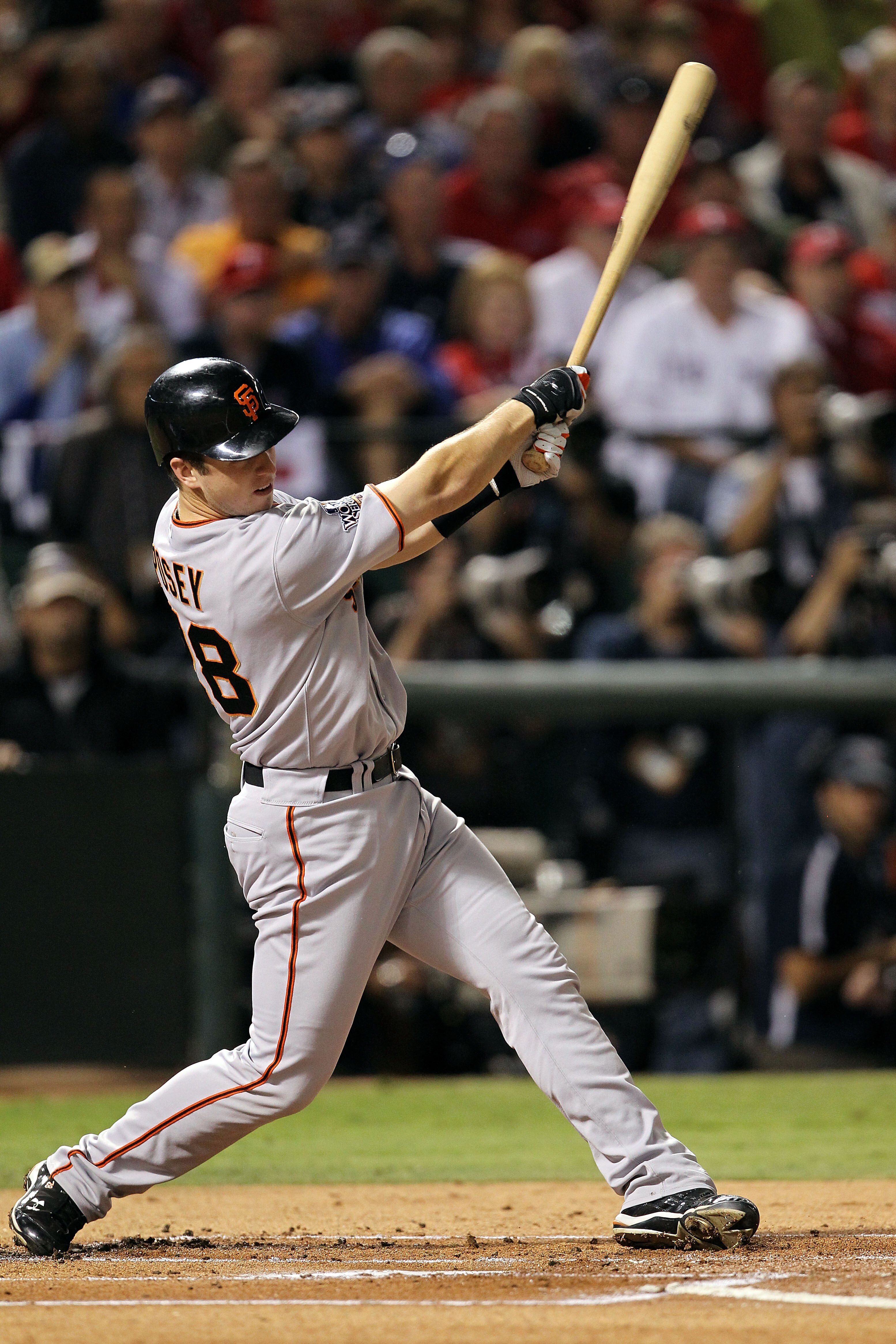 ARLINGTON, TX - NOVEMBER 01:  Buster Posey #28 of  the San Francisco Giants bats against the Texas Rangers in Game Five of the 2010 MLB World Series at Rangers Ballpark in Arlington on November 1, 2010 in Arlington, Texas. The Giants won 3-1.  (Photo by R