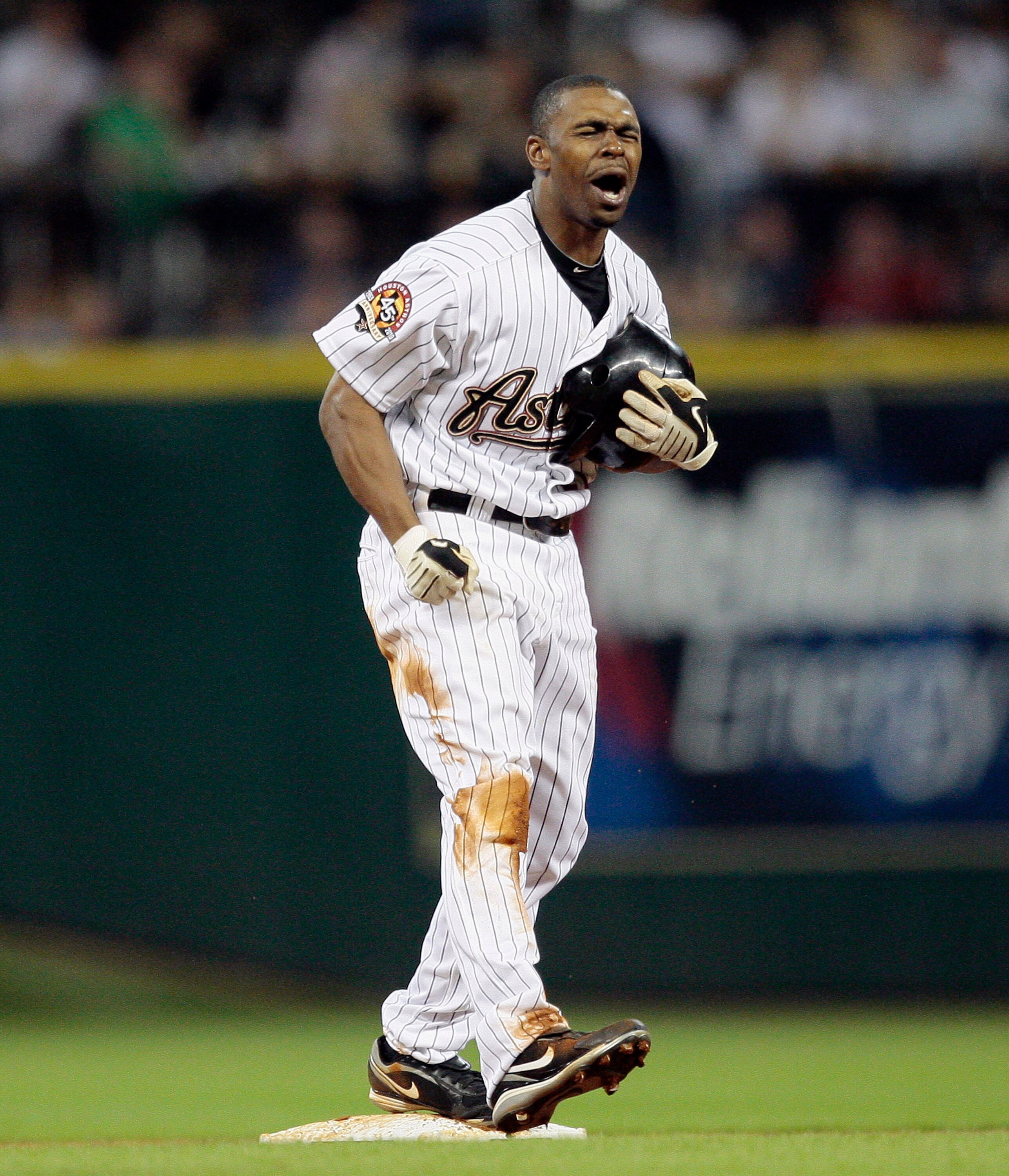 HOUSTON - JULY 09:  Michael Bourn #21 of the Houston Astros reacts after second base umpire Andy Fletcher called him out as he tried to steal in the fifth inning against the St. Louis Cardinals at Minute Maid Park on July 9, 2010 in Houston, Texas.  (Phot