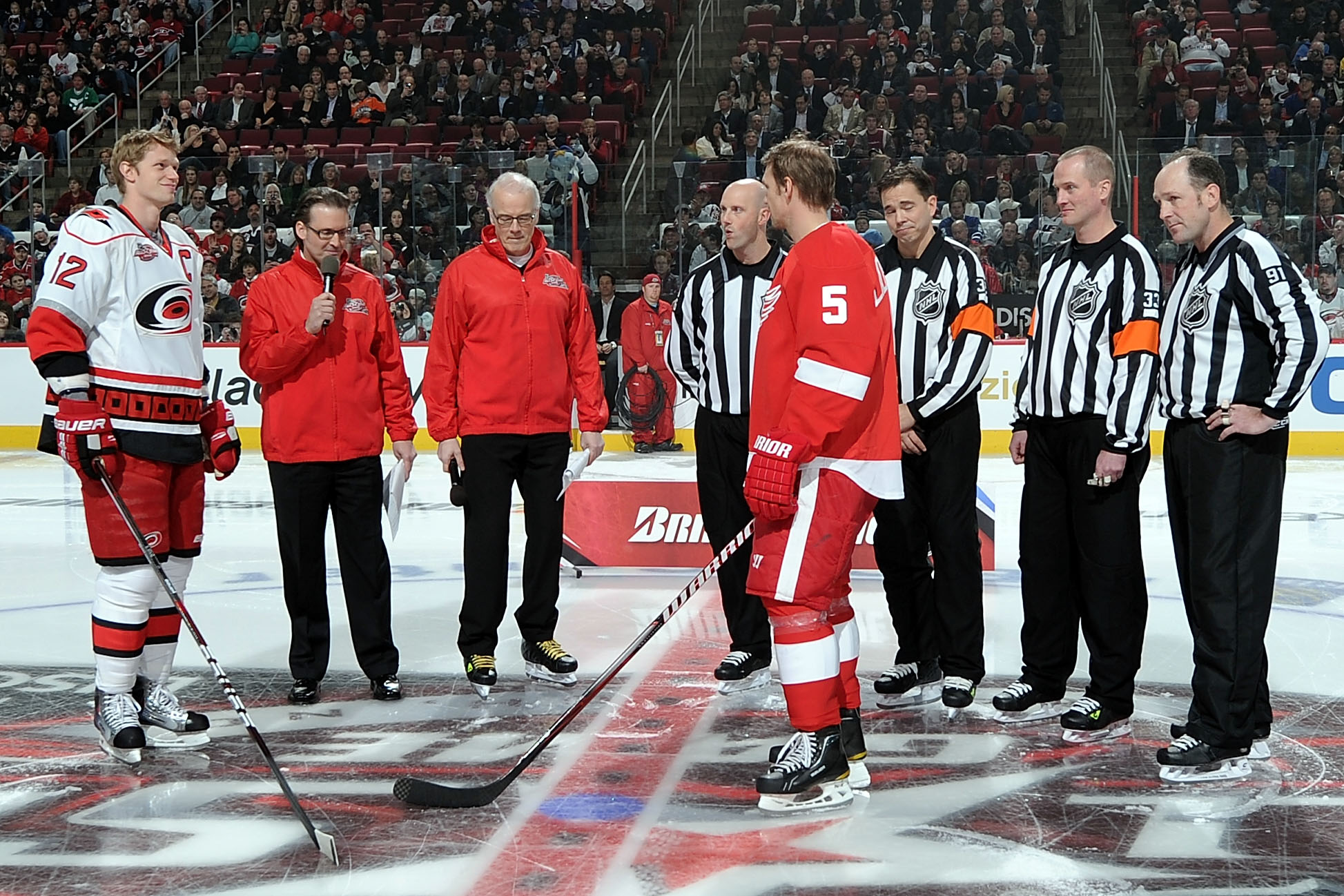 RALEIGH, NC - JANUARY 29:  Eric Staal #12 of the Carolina Hurricanes and Nicklas Lidstrom #5 of the Detroit Red Wings take part in the Honda NHL SuperSkills competition part of 2011 NHL All-Star Weekend at the RBC Center on January 29, 2011 in Raleigh, No