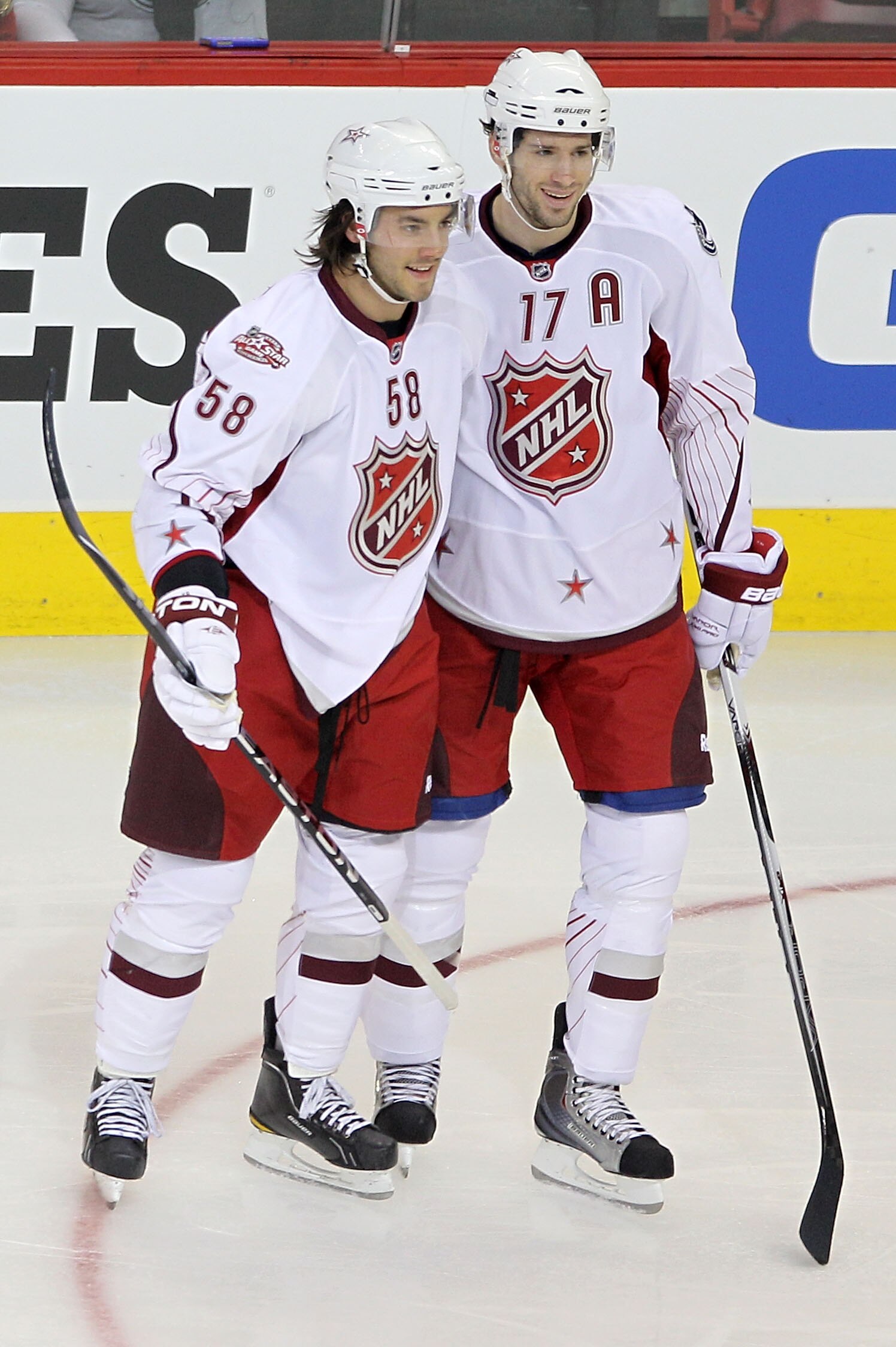 RALEIGH, NC - JANUARY 30:  Team Staal players Kris Letang #58 of the Pittsburgh Penguins and Ryan Kesler #17 of the Vancouver Canucks react during the second period against Team Lidstrom in the 58th NHL All-Star Game at RBC Center on January 30, 2011 in R
