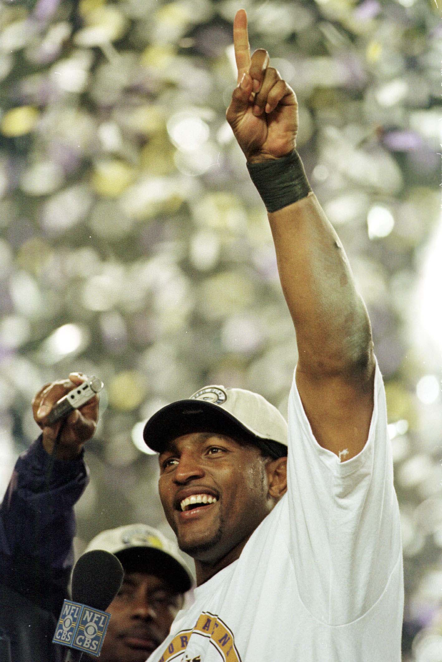 28 Jan 2001:  Ray Lewis # 52 of the Baltimore Ravens lets everyone know who is #1 after Super Bowl XXXV between the Baltimore Ravens and the New York Giants at Raymond James Stadium in Tampa, Florida. Mandatory Credit: Andy Lyons/ALLSPORT