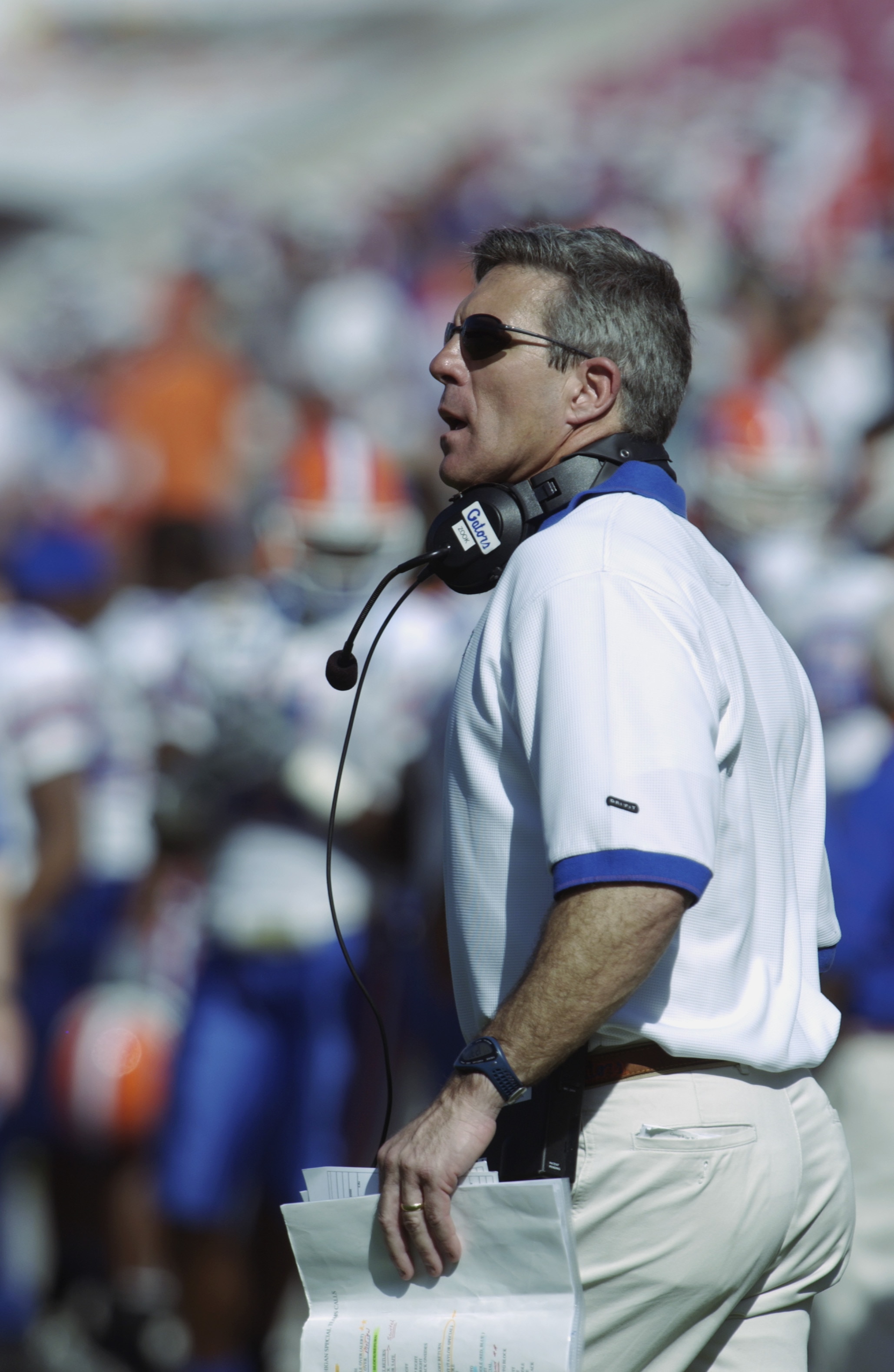 TAMPA, FL - JANUARY 1:  Florida Gators head coach Ron Zook on the sideline during the Outback Bowl against the Michigan Wolverines at Raymond James Stadium on January 1, 2003 in Tampa, Florida. The Wolverines defeated the Gators 38-30. (Photo by Matt Stro