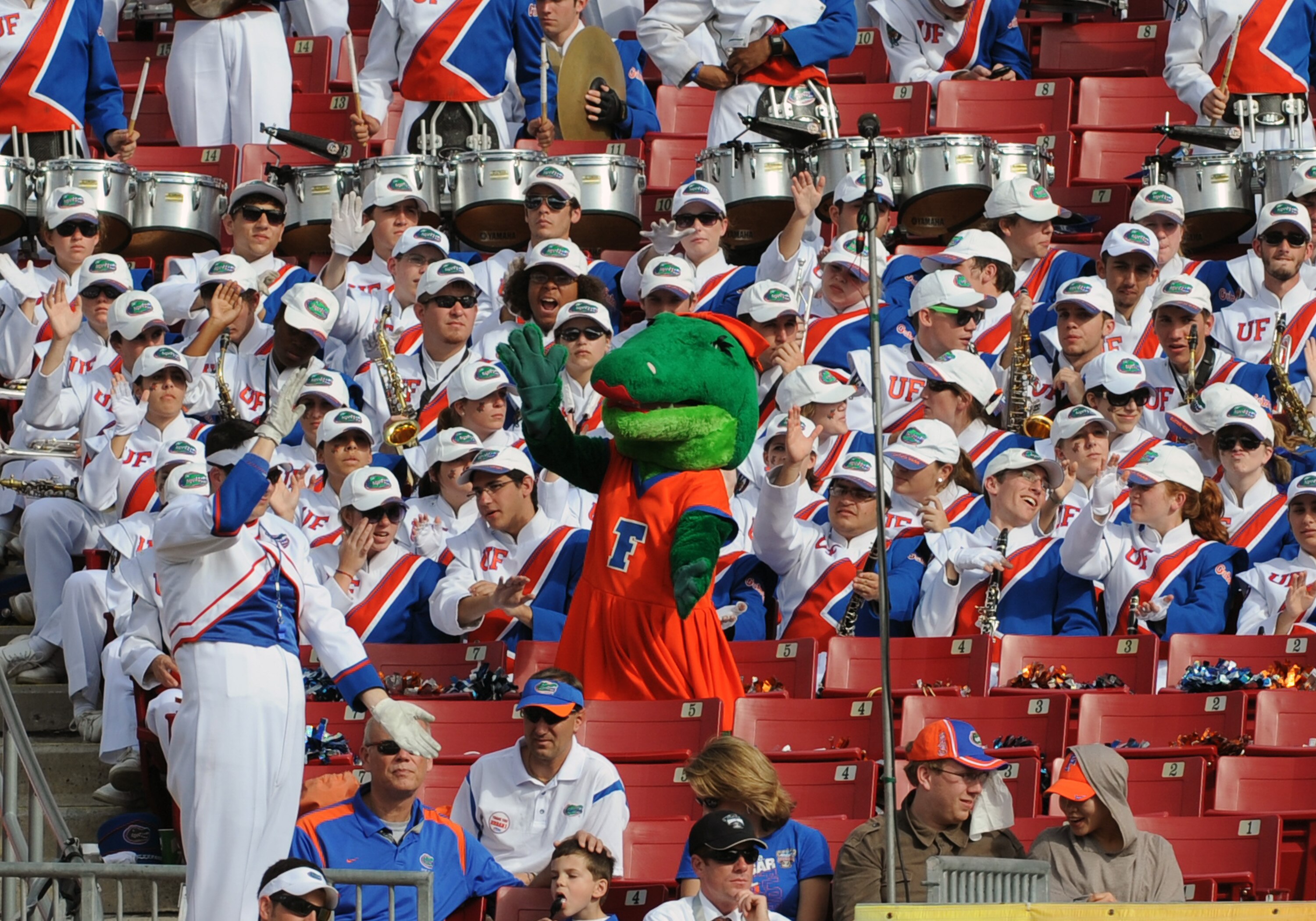 TAMPA, FL - JANUARY 1:  The mascot of the Florida Gators directs the play of the band against the Penn State Nittany Lions January 1, 2010 in the 25th Outback Bowl at Raymond James Stadium in Tampa, Florida.  (Photo by Al Messerschmidt/Getty Images)