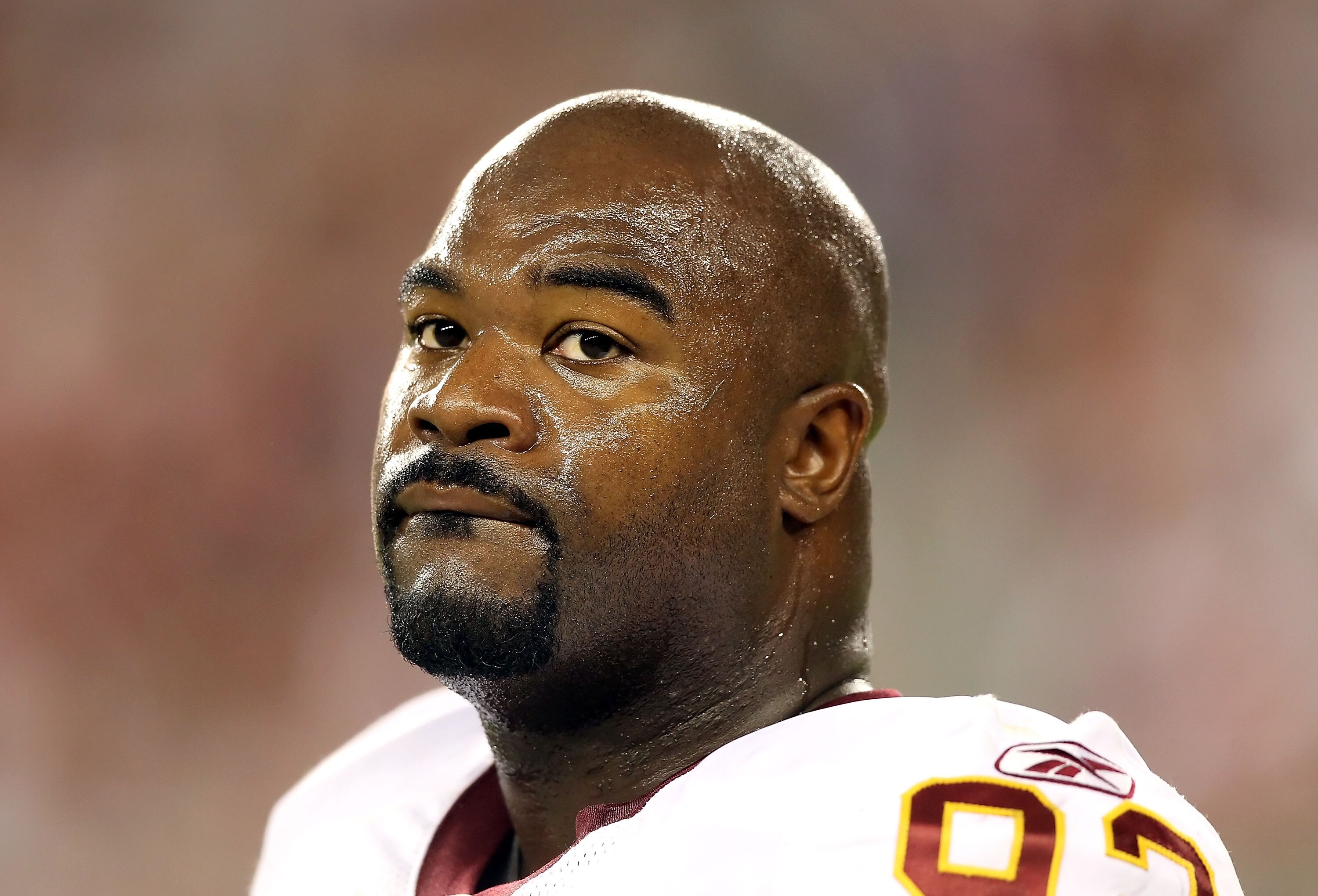 GLENDALE, AZ - SEPTEMBER 02:  Defensive tackle Albert Haynesworth #92 of the Washington Redskins stands on the sidelines during preseason NFL game against the Arizona Cardinals at the University of Phoenix Stadium on September 2, 2010 in Glendale, Arizona