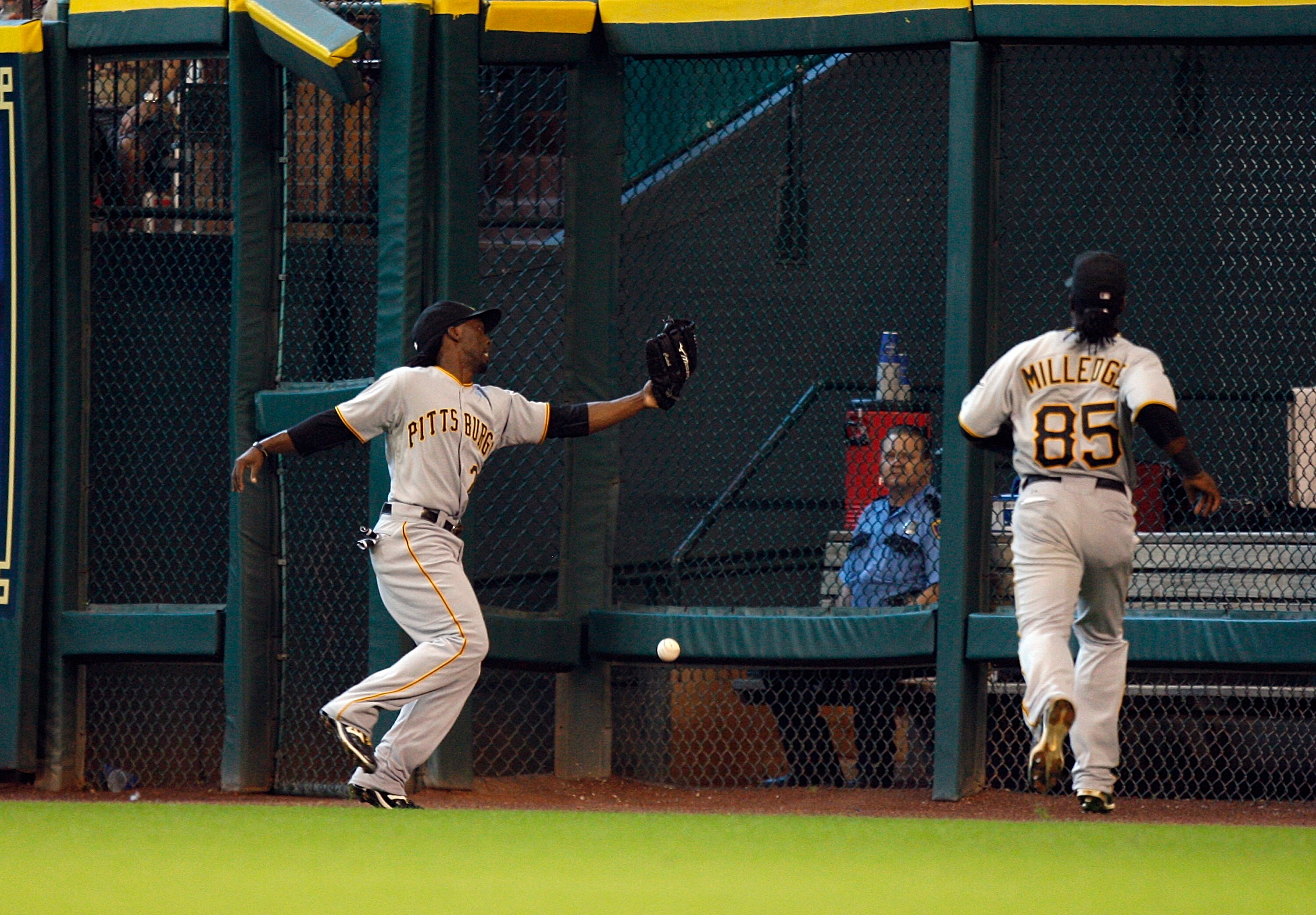 HOUSTON - AUGUST 15:  Center fielder Andrew McCutchen #22 of the Pittsburgh Pirates can not run down this ground rule double off the bat of Hunter Pence of the Houston Astros in the sixth inning at Minute Maid Park on August 15, 2010 in Houston, Texas.  (