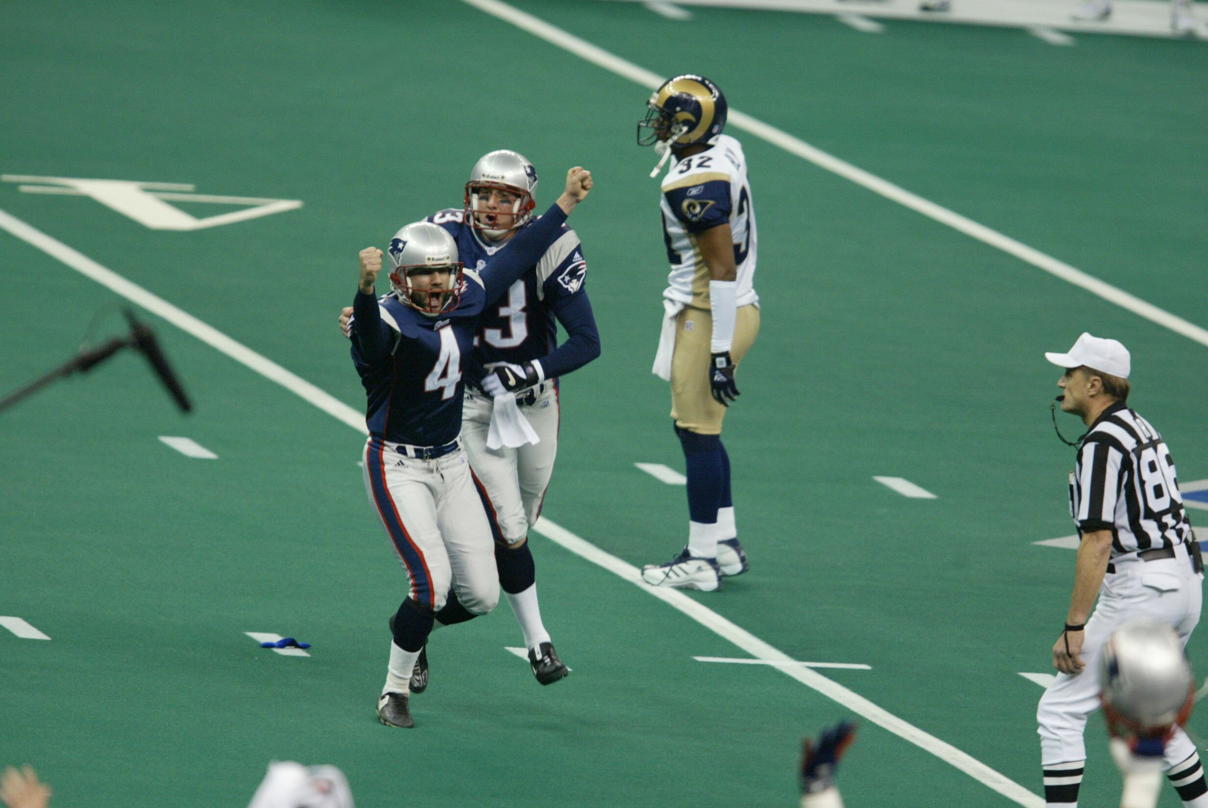 03 Feb 2002:  Adam Vinatieri #4 of the  New England Patriots breaks into celebration after kicking the game winning field goal against the St.Louis Rams during Superbowl XXXVI at the Superdome in New Orleans, Louisiana.  The Patriots defeated the Rams 20-