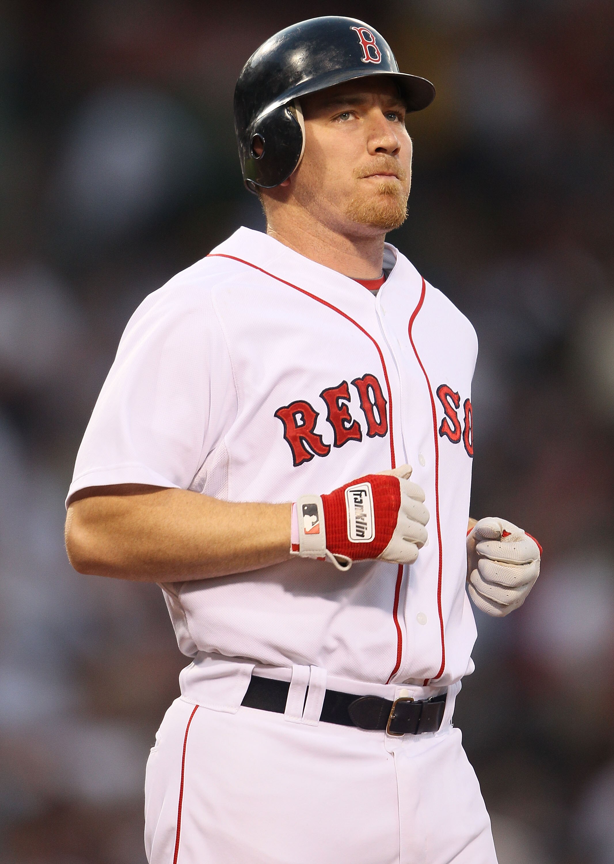 BOSTON - JUNE 02:  J.D. Drew #7 of the Boston Red Sox reacts after flying out against the Oakland Athletics on June 2, 2010 at Fenway Park in Boston, Massachusetts.  (Photo by Elsa/Getty Images)