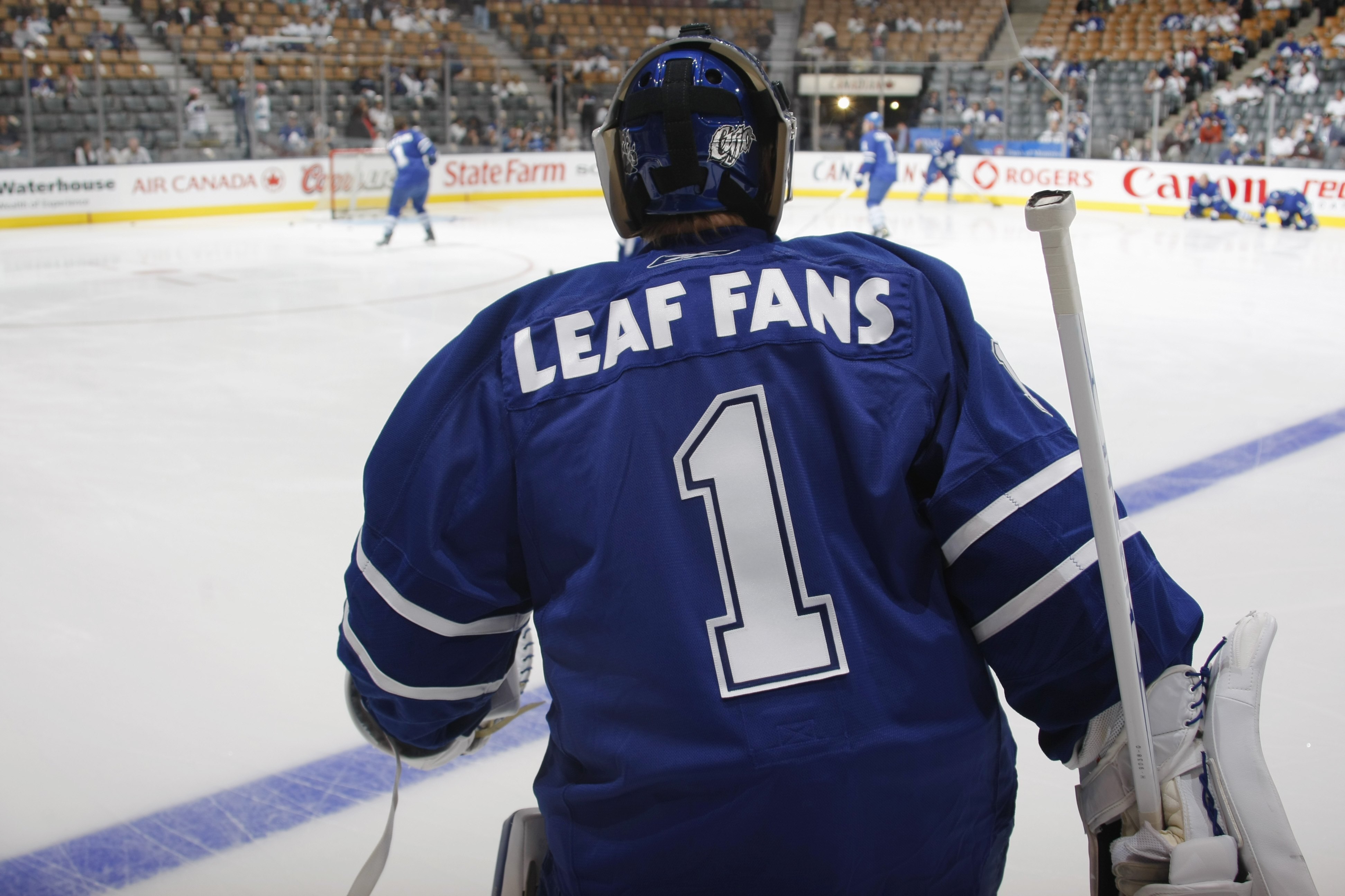 TORONTO - SEPTEMBER 22:  Goaltender Curtis Joseph of the Toronto Maple Leafs wears a 'Leaf Fans #1' jersey in warm-ups prior to the start of the NHL game against the Buffalo Sabres at the Air Canada Centre on September 26, 2008 in Toronto, Ontario, Canada