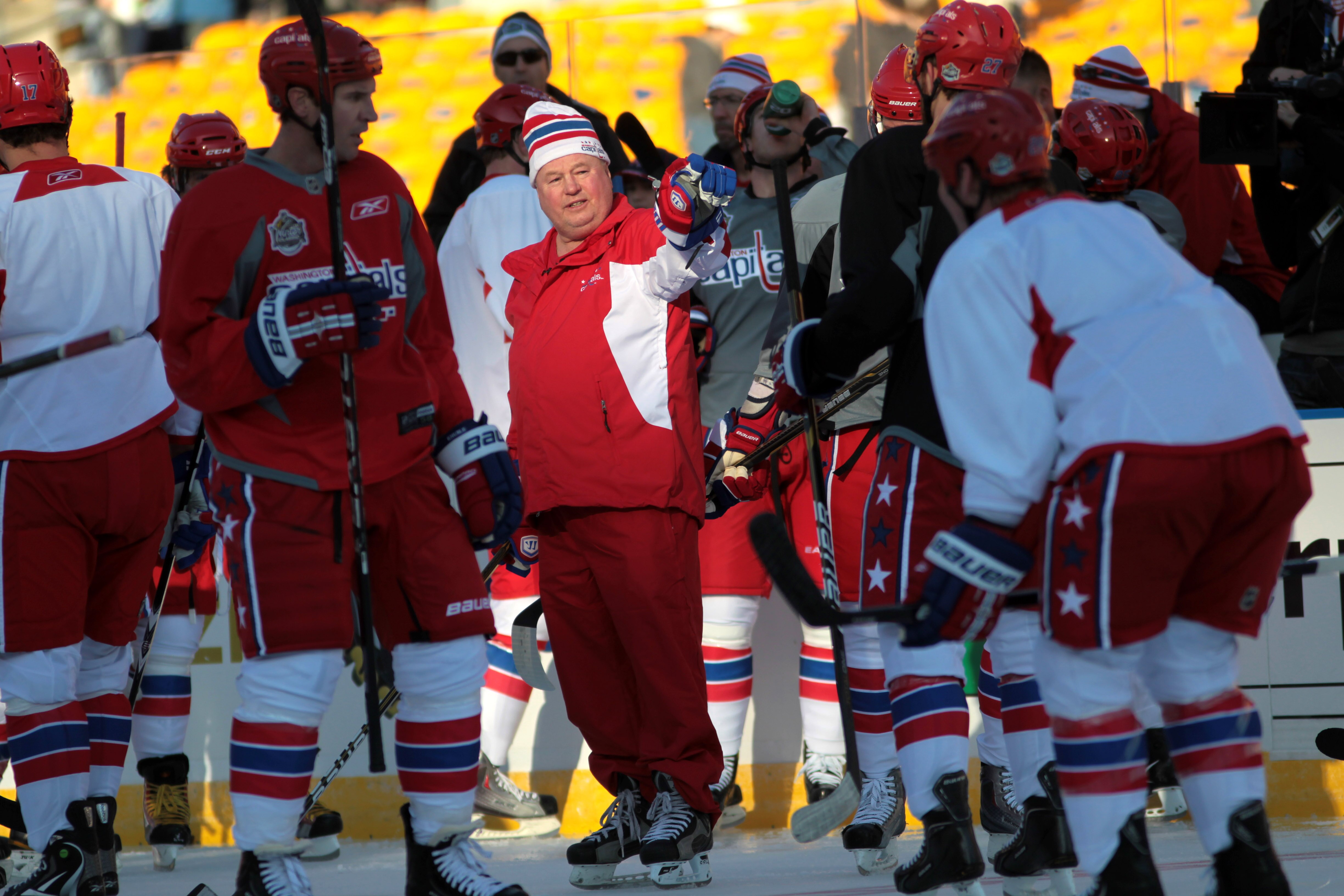 PITTSBURGH, PA - DECEMBER 31:  Head coach Bruce Boudreau of the Washington Capitals instructs players during practice for the 2011 NHL Winter Classic between the Capitals and the Pittsburgh Penguins on December 31, 2010 at Heinz Field in Pittsburgh, Penns