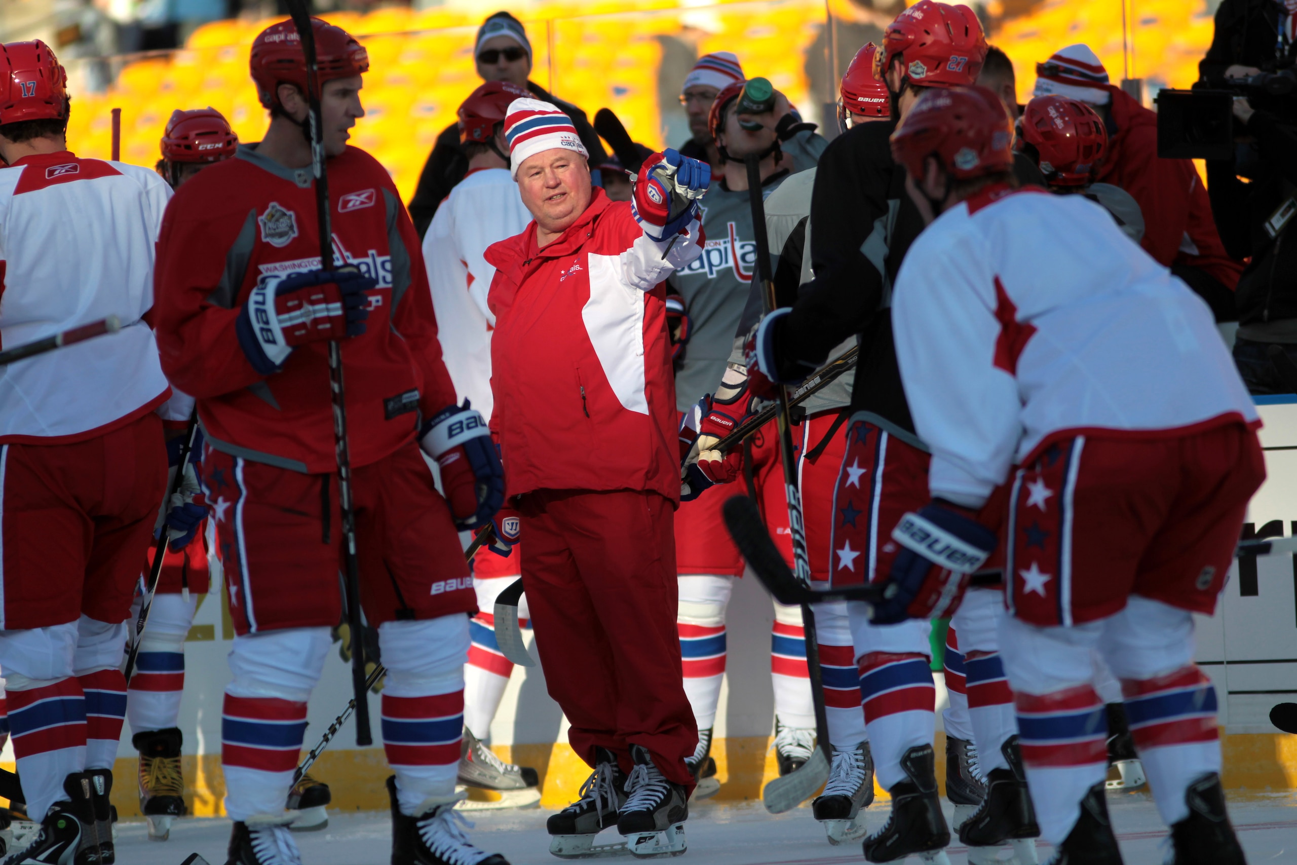 PITTSBURGH, PA - DECEMBER 31: Head coach Bruce Boudreau of the Washington Capitals instructs players during practice for the 2011 NHL Winter Classic between the Capitals and the Pittsburgh Penguins on December 31, 2010 at Heinz Field in Pittsburgh, Penns PITTSBURGH, PA - DECEMBER 31: Head coach Bruce Boudreau of the Washington Capitals instructs players during practice for the 2011 NHL Winter Classic between the Capitals and the Pittsburgh Penguins on December 31, 2010 at Heinz Field in Pittsburgh, Penns