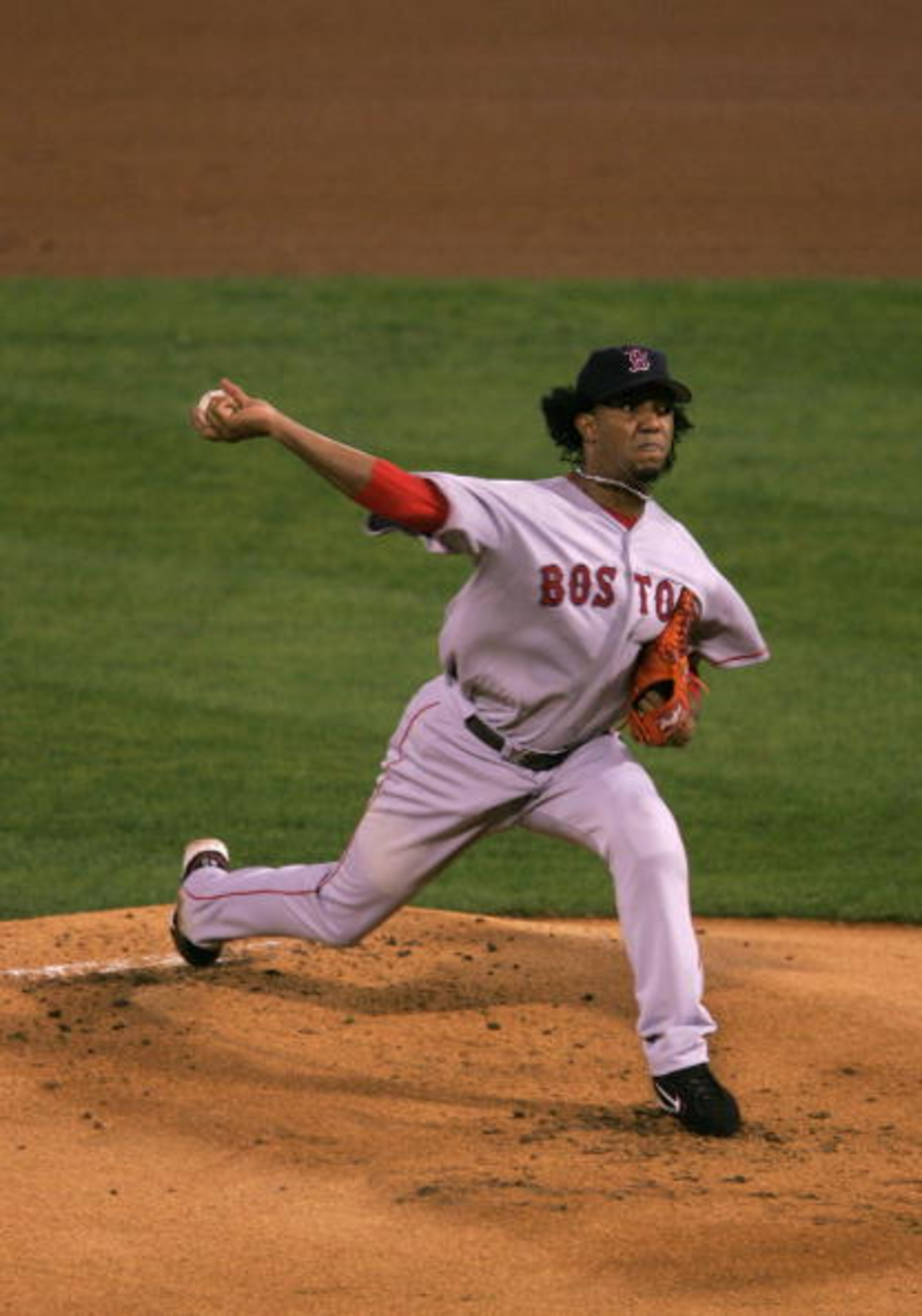 ST LOUIS - OCTOBER 26:  Starting pitcher Pedro Martinez #45 of the Boston Red Sox throws a pitch against the St. Louis Cardinals during the first inning of game three of the World Series on October 26, 2004 at Busch Stadium in St. Louis, Missouri.(Photo b