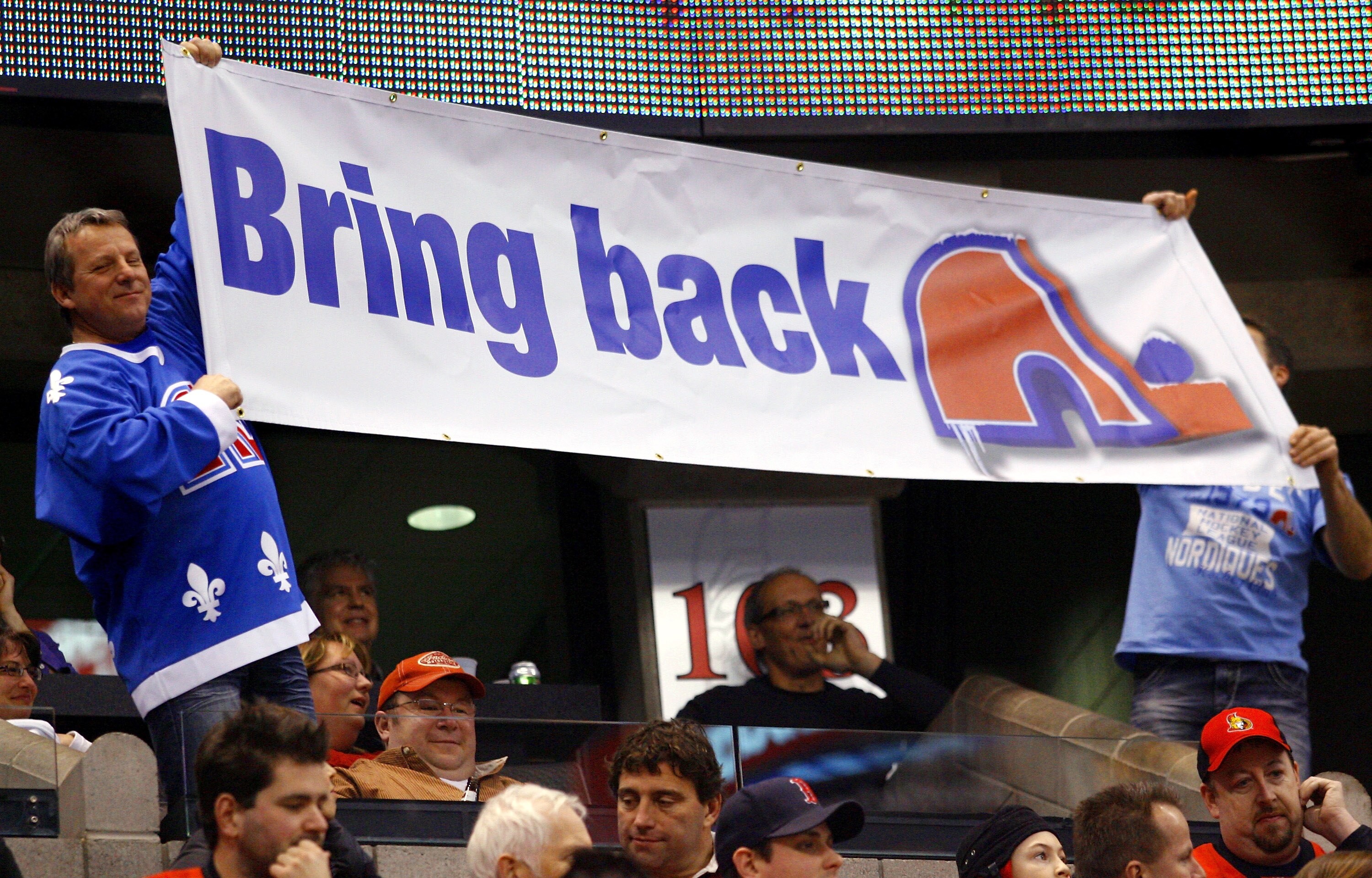 OTTAWA, ON - JANUARY 14:  A Quebec Nordiques fan shows his support for their return to the NHL at a game between the Calgary Flames and the Ottawa Senators at Scotiabank Place on January 14, 2011 in Ottawa, Canada.  (Photo by Phillip MacCallum/Getty Image