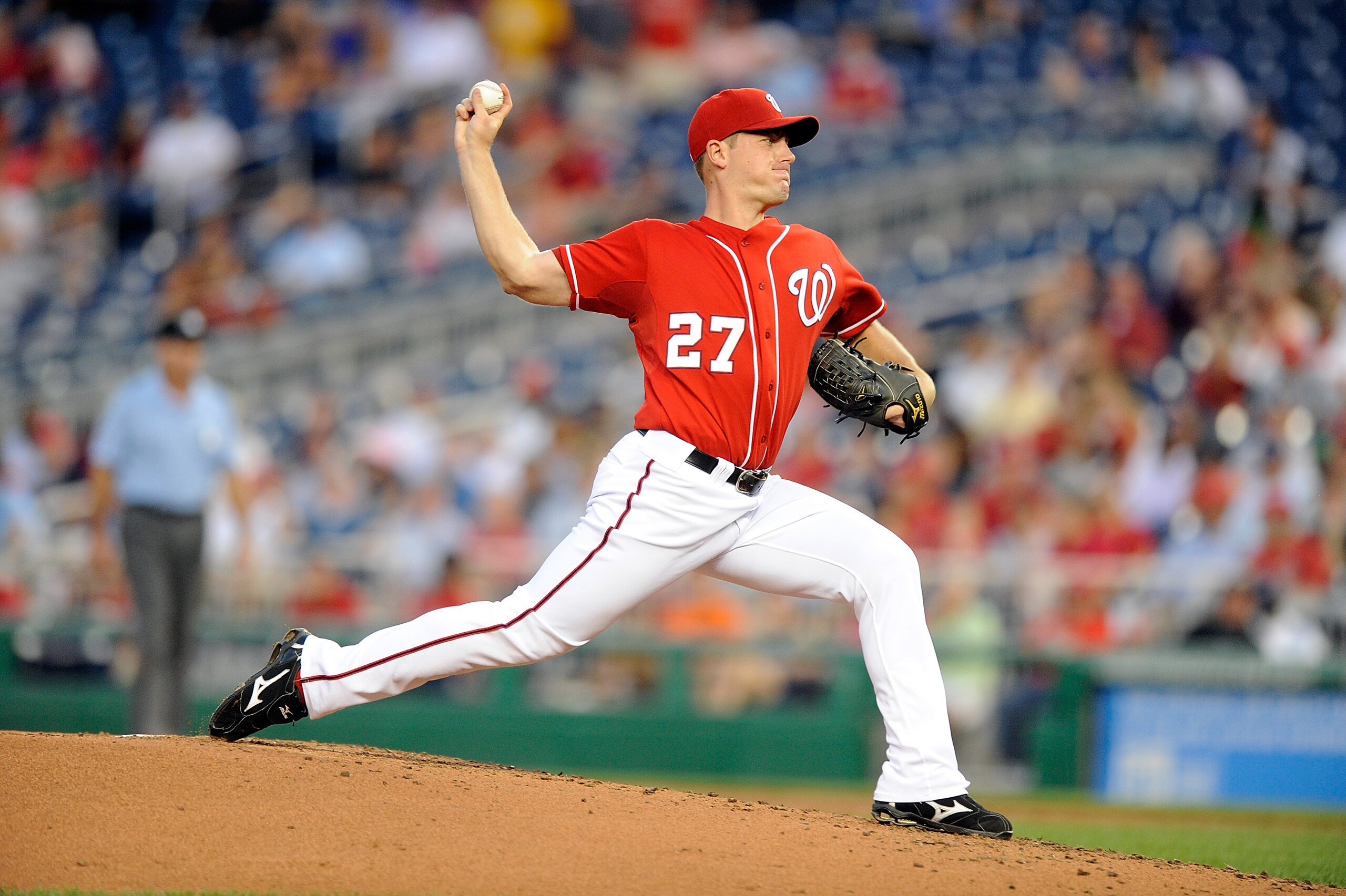 WASHINGTON - AUGUST 26:  Jordan Zimmermann #27 of the Washington Nationals pitches against the St. Louis Cardinals at Nationals Park on August 26, 2010 in Washington, DC.  (Photo by Greg Fiume/Getty Images)
