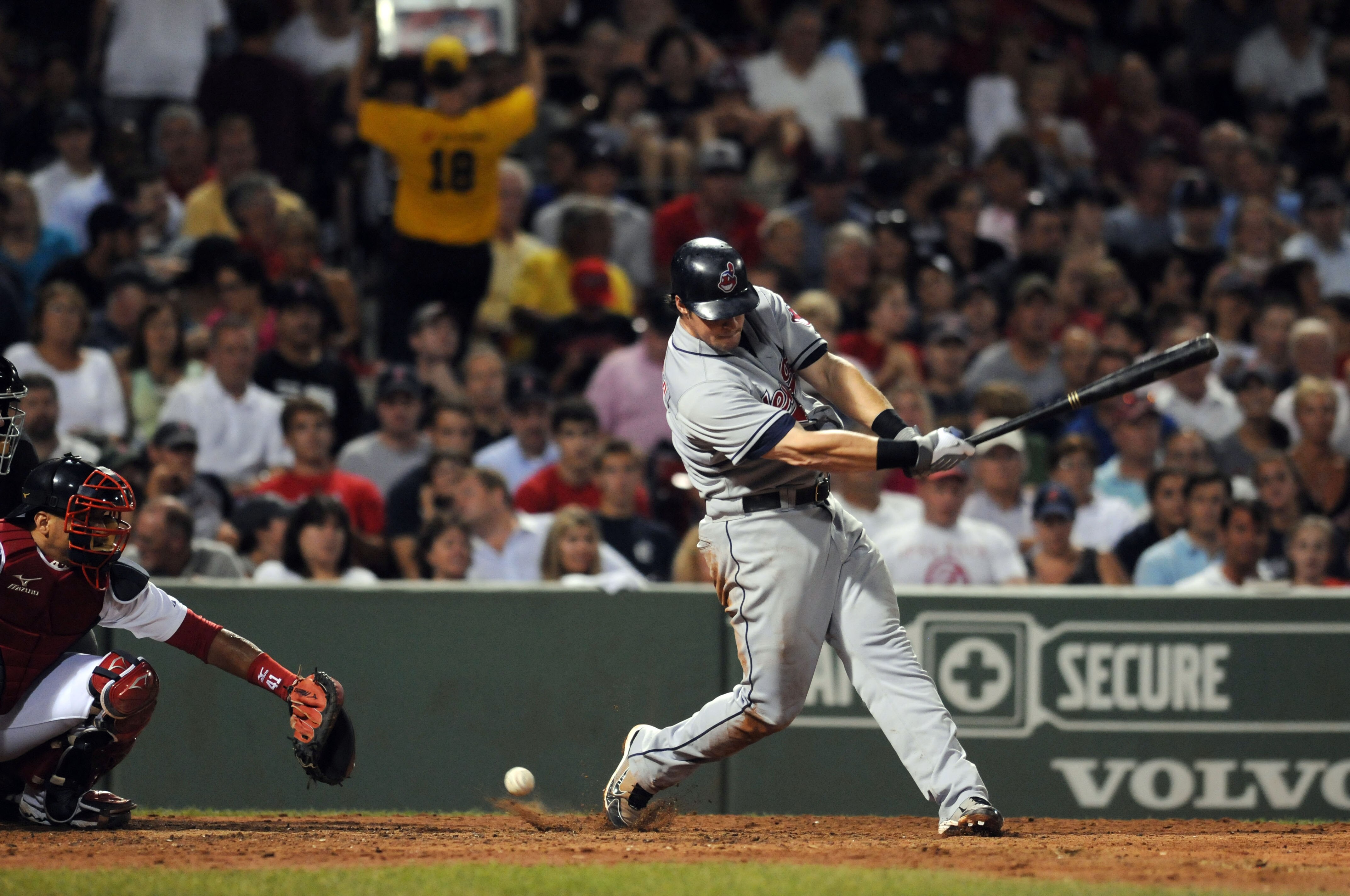 BOSTON, MA - AUGUST 5:  Matt LaPorta #7 of the Cleveland Indians fouls one off in the sixth inning against the Boston Red Sox August 5, 2010 at Fenway Park in Boston, Massachusetts. (Photo by Darren McCollester/Getty Images)