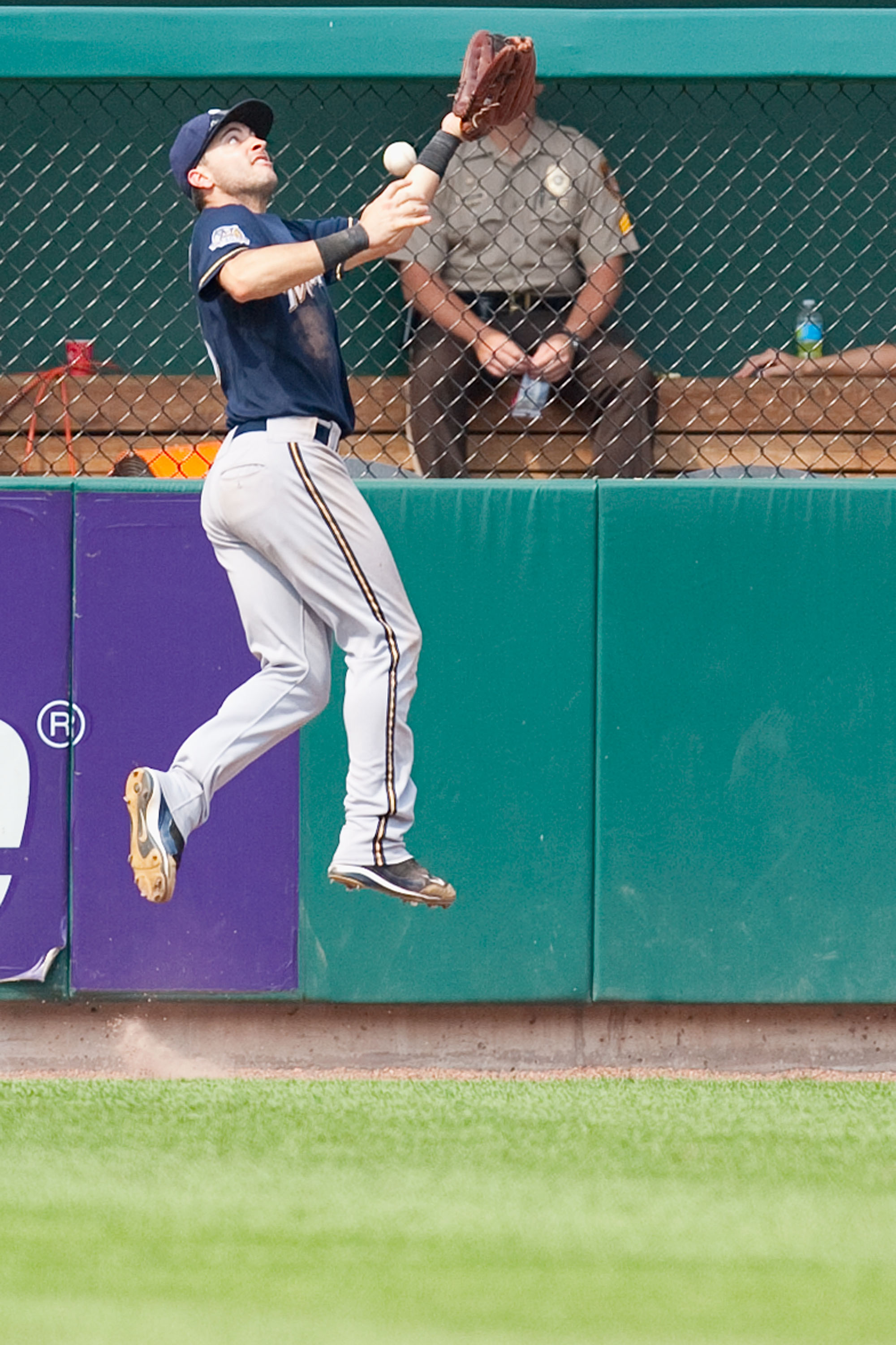 ST. LOUIS - AUGUST 18: Ryan Braun #8 of the Milwaukee Brewers attempts to catch a deep fly ball against the St. Louis Cardinals at Busch Stadium on August 18, 2010 in St. Louis, Missouri.  The Brewers beat the Cardinals 3-2.  (Photo by Dilip Vishwanat/Get