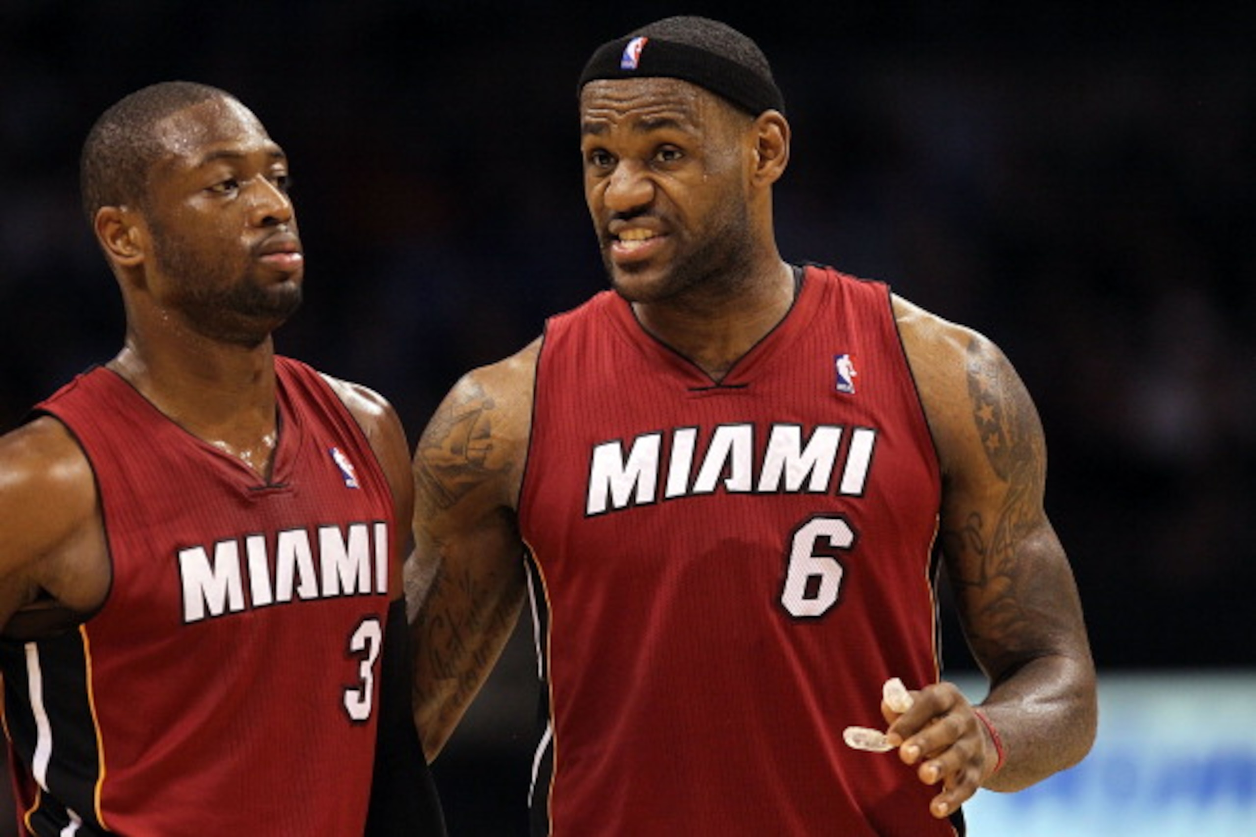 OKLAHOMA CITY, OK - JANUARY 30:  Forward LeBron James #6 and Dwyane Wade #3 of the Miami Heat during play against the Oklahoma City Thunder at Ford Center on January 30, 2011 in Oklahoma City, Oklahoma.  NOTE TO USER: User expressly acknowledges and agree