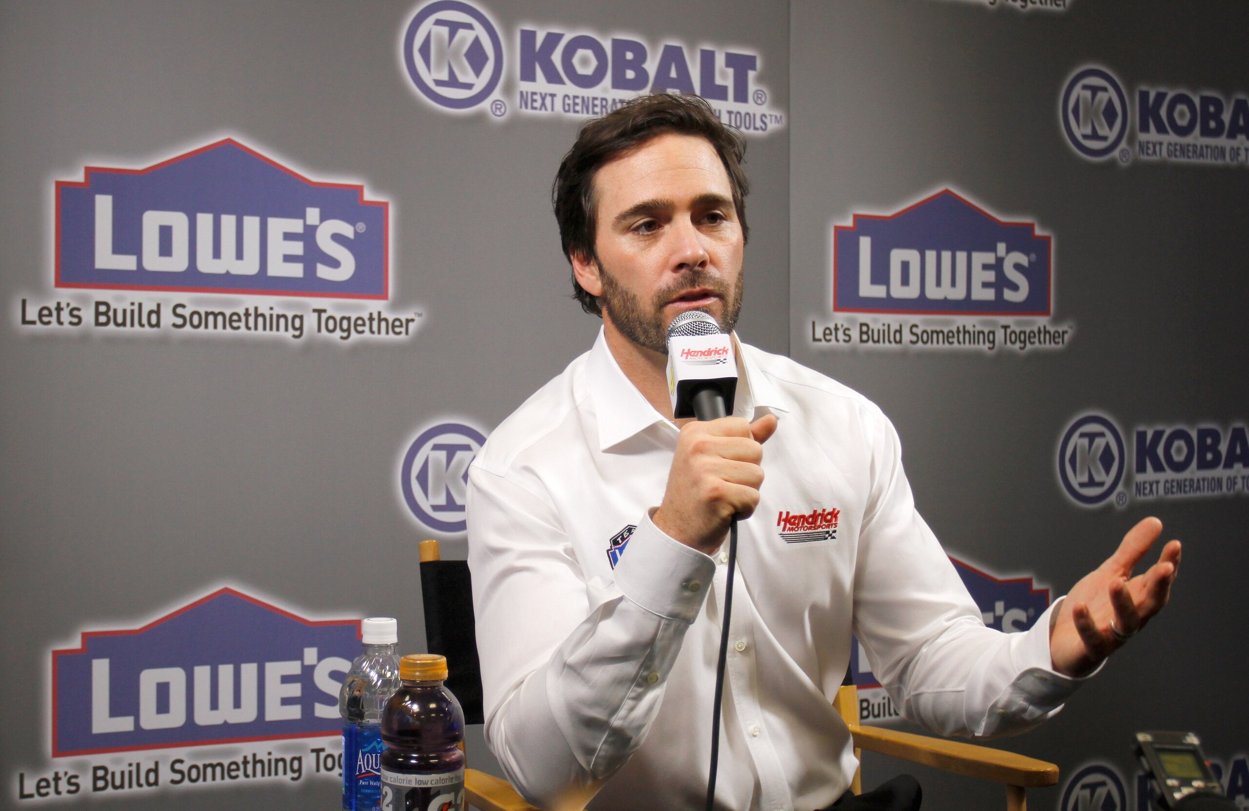 CONCORD, NC - JANUARY 26: Jimmie Johnson, driver of the #48 Lowe's Chevrolet, speaks to the media during the NASCAR Sprint Media Tour hosted by Charlotte Motor Speedway, held at Hendrick Motorsports on January 26, 2011 in Concord, North Carolina. (Photo CONCORD, NC - JANUARY 26: Jimmie Johnson, driver of the #48 Lowe's Chevrolet, speaks to the media during the NASCAR Sprint Media Tour hosted by Charlotte Motor Speedway, held at Hendrick Motorsports on January 26, 2011 in Concord, North Carolina. (Photo