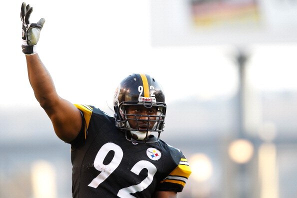 PITTSBURGH - NOVEMBER 21: James Harrison #92 of the Pittsburgh Steelers pumps up the crowd during the game against the Oakland Raiders on November 21, 2010 at Heinz Field in Pittsburgh, Pennsylvania.  (Photo by Jared Wickerham/Getty Images)