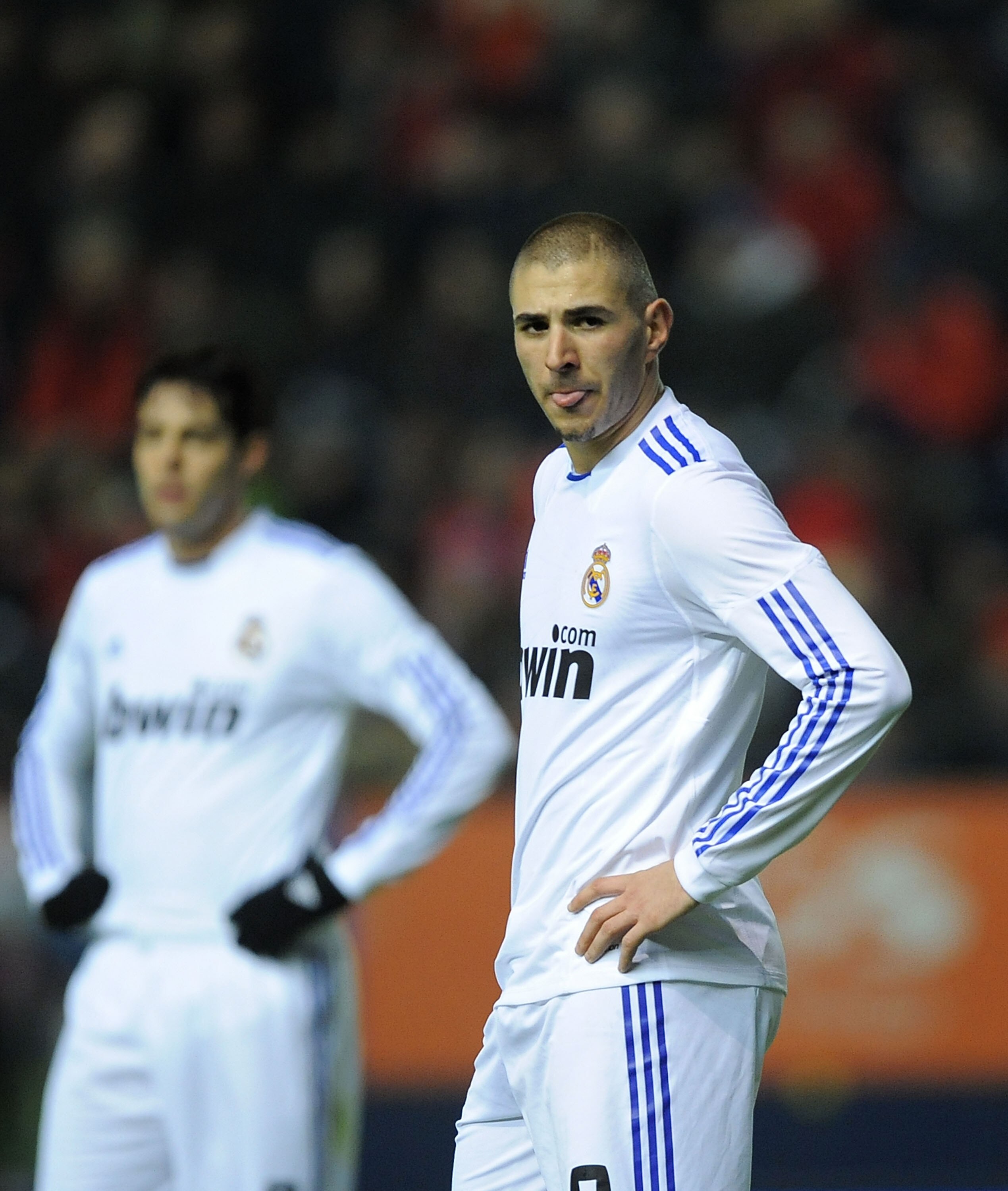 PAMPLONA, SPAIN - JANUARY 30:  Karim Benzema of Real Madrid reacts during the La Liga match between CA Osasuna and Real Madrid at Estadio Reyno de Navarra on January 30, 2011 in Pamplona, Spain.  (Photo by Denis Doyle/Getty Images)