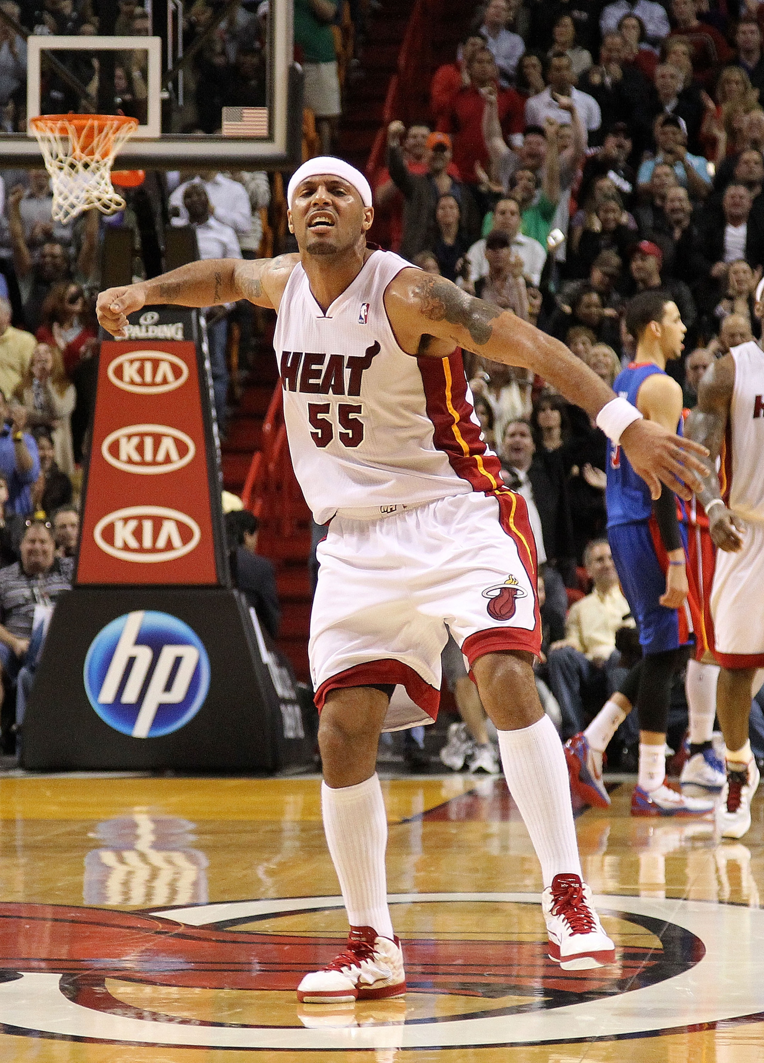 MIAMI, FL - JANUARY 28: Eddie House #55 of the Miami Heat celebrates after making a big free throw during a game against the Detroit Pistons at American Airlines Arena on January 28, 2011 in Miami, Florida. NOTE TO USER: User expressly acknowledges and ag