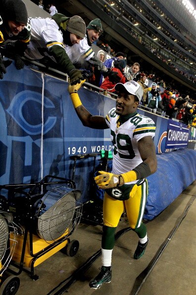 CHICAGO, IL - JANUARY 23: James Jones #89 of the Green Bay Packers reacts after the Packers 21-14 victory against the Chicago Bears in the NFC Championship Game at Soldier Field on January 23, 2011 in Chicago, Illinois. (Photo by Andy Lyons/Getty Images CHICAGO, IL - JANUARY 23: James Jones #89 of the Green Bay Packers reacts after the Packers 21-14 victory against the Chicago Bears in the NFC Championship Game at Soldier Field on January 23, 2011 in Chicago, Illinois. (Photo by Andy Lyons/Getty Images