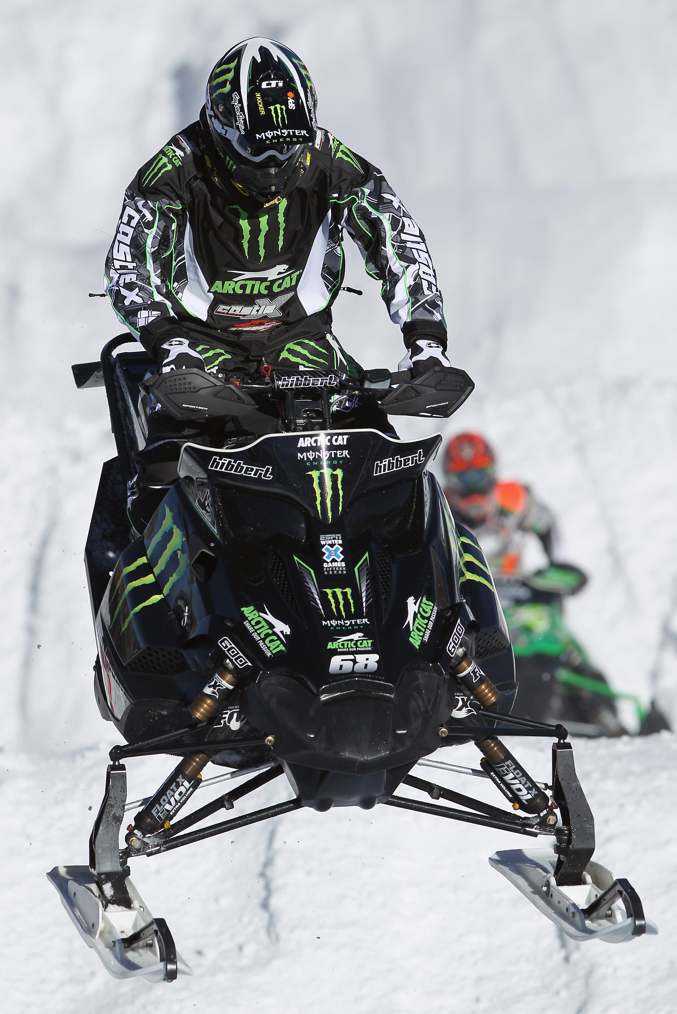 ASPEN, CO - JANUARY 29:  Tucker Hibbert of Pelican Rapids, Minnesots practices for the Snowmobile SnoCross during Winter X Games 15 at Buttermilk Mountain on January 29, 2011 in Aspen, Colorado. Hibbert will compete for his sixth gold medal in the event o