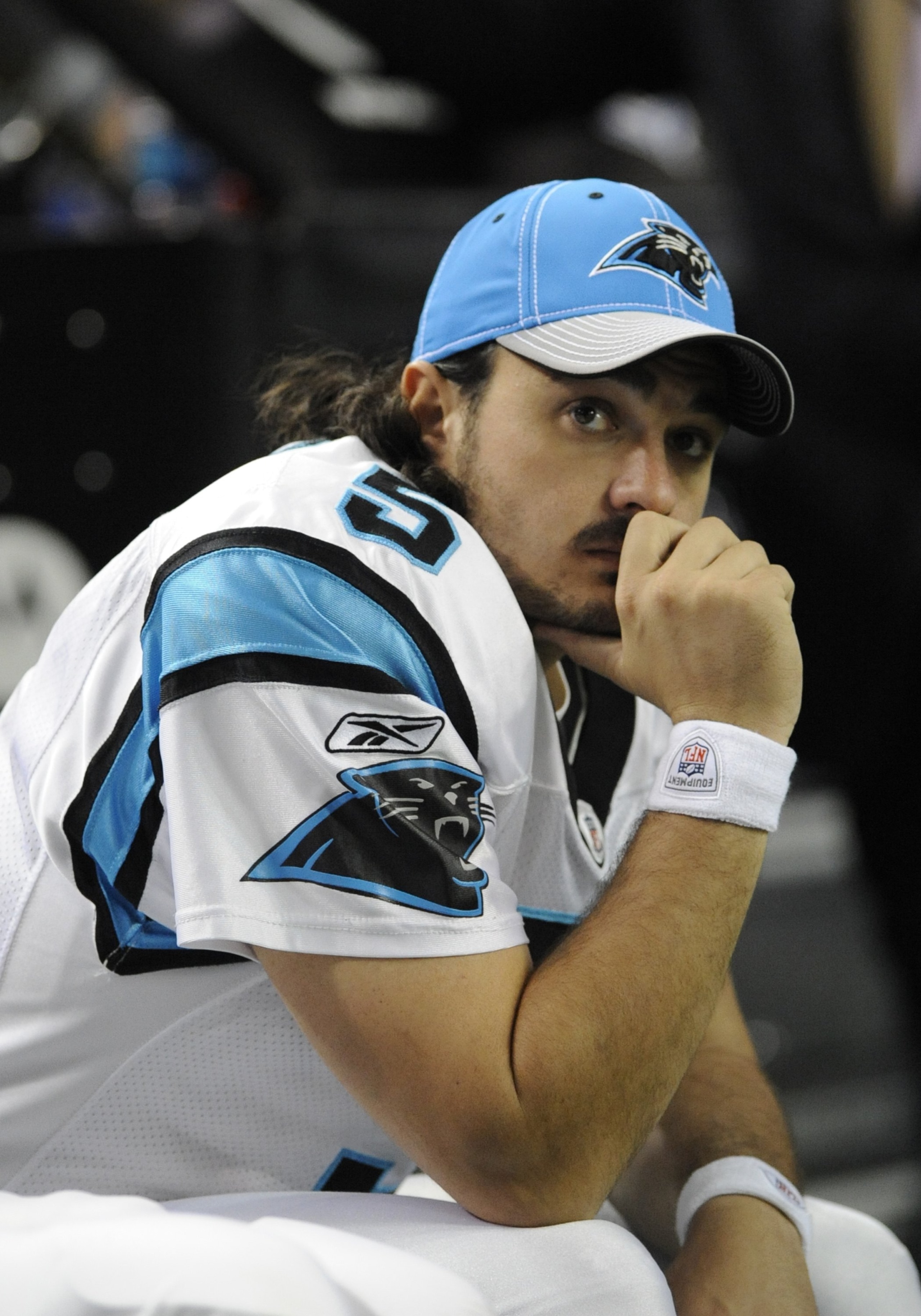 ATLANTA - NOVEMBER 23: Kicker Rhys Lloyd #5 of the Carolina Panthers watches play against the Atlanta Falcons at the Georgia Dome on November 23, 2008 in Atlanta, Georgia.  (Photo by Al Messerschmidt/Getty Images)