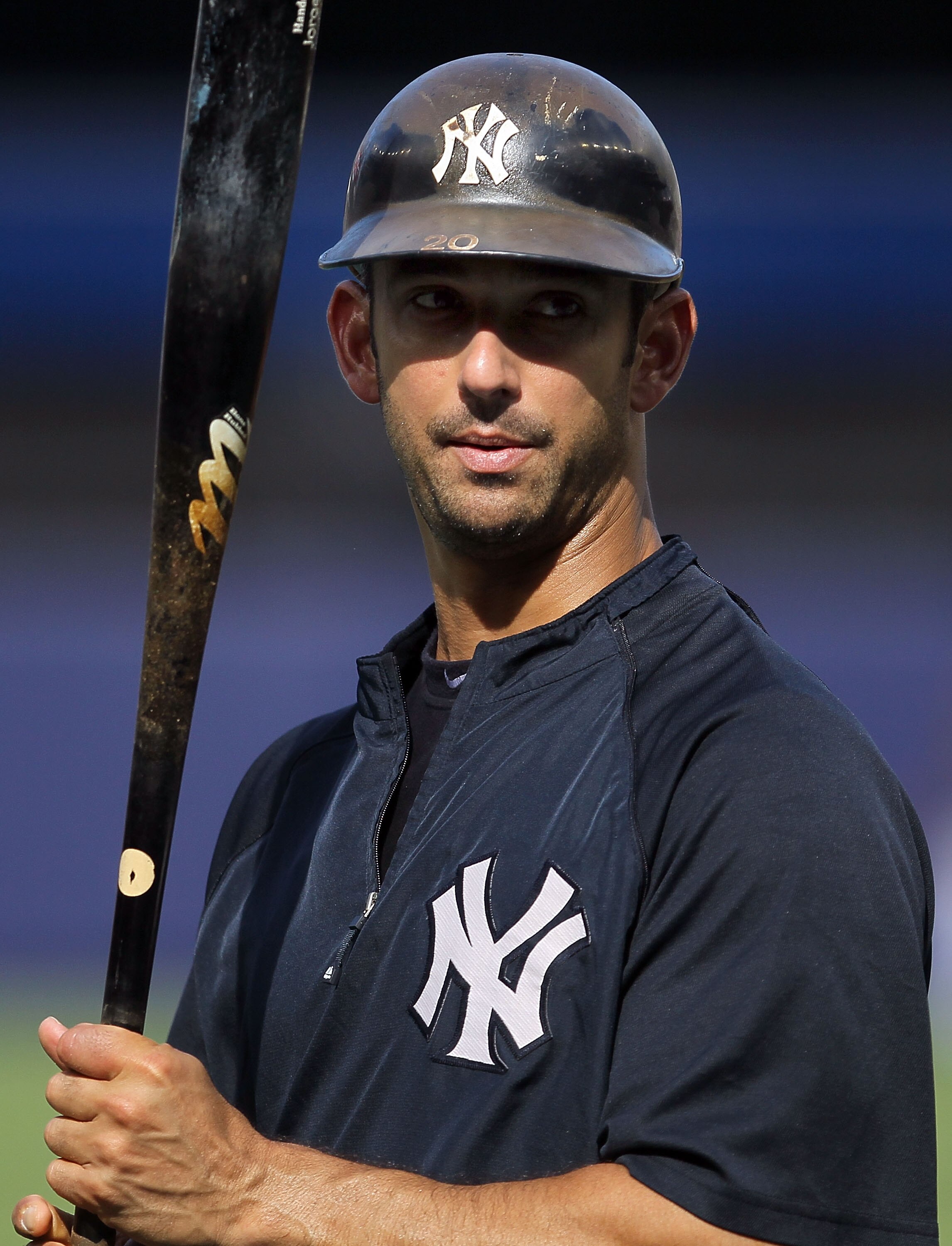 NEW YORK - JULY 20:  Jorge Posada #20 of the New York Yankees looks on during batting practice prior to playing against the Los Angeles Angels of Anaheim on July 20, 2010 at Yankee Stadium in the Bronx borough of New York City.  (Photo by Jim McIsaac/Gett