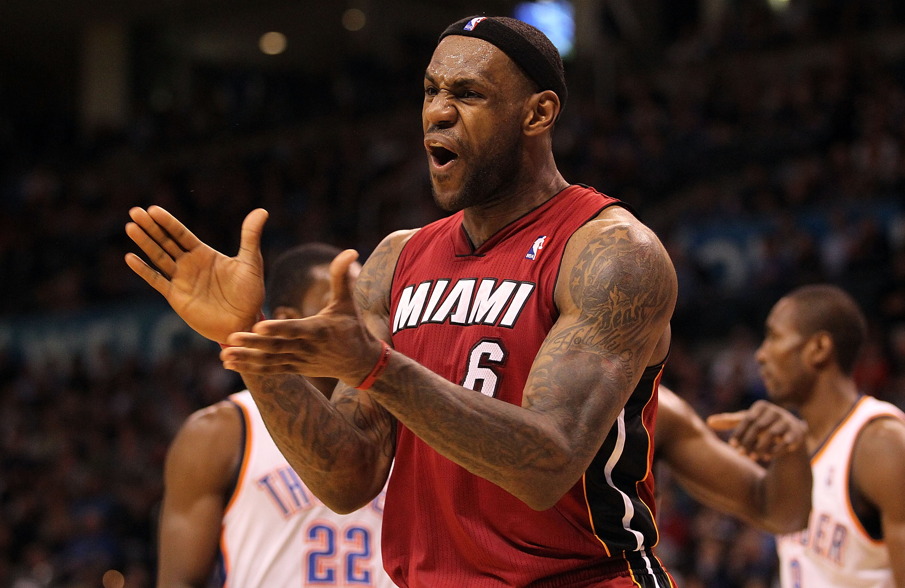 OKLAHOMA CITY, OK - JANUARY 30:  Forward LeBron James #6 of the Miami Heat reacts during play against the Oklahoma City Thunder at Ford Center on January 30, 2011 in Oklahoma City, Oklahoma.  NOTE TO USER: User expressly acknowledges and agrees that, by d