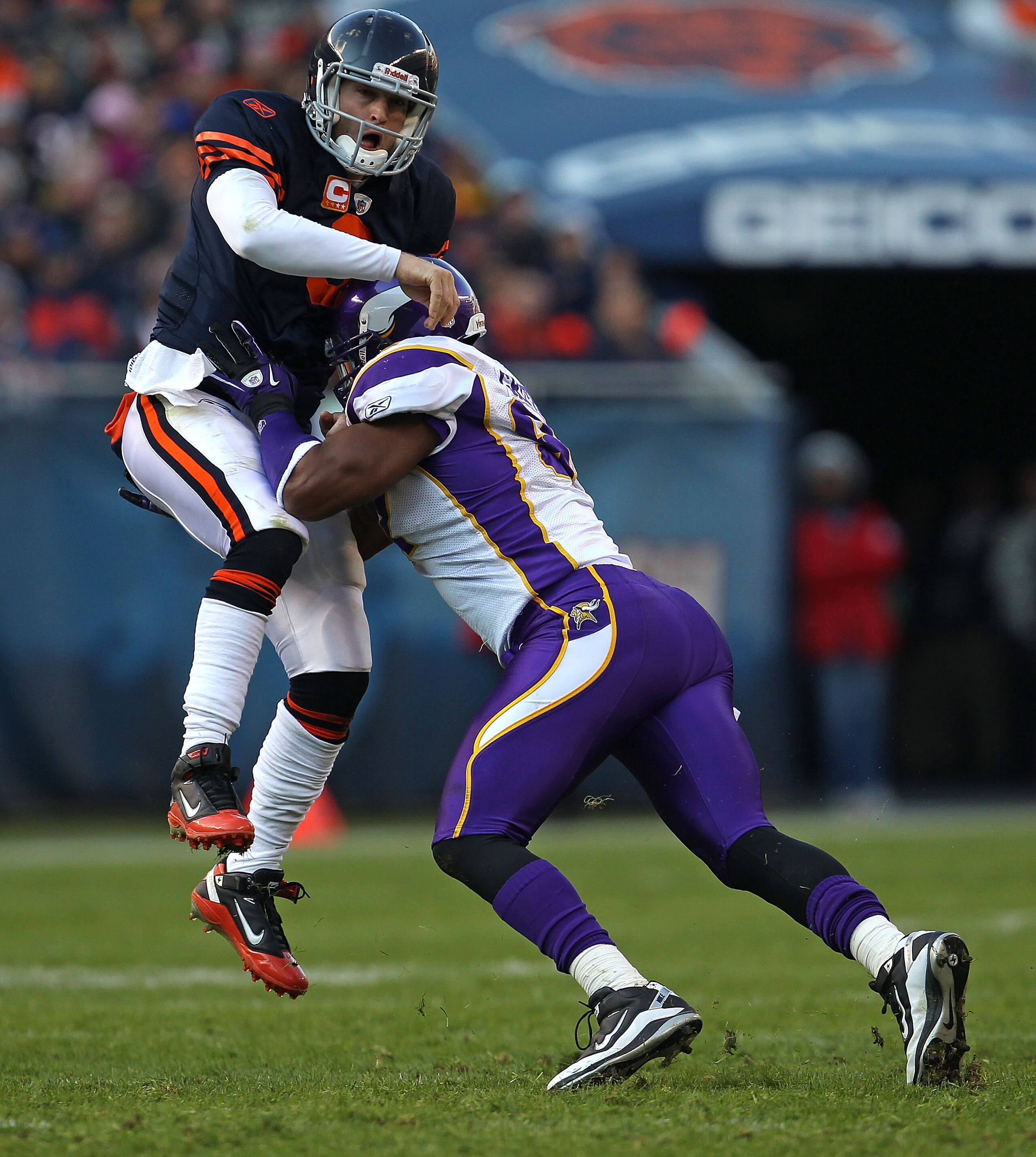 CHICAGO - NOVEMBER 14: Jay Cutler #6 of the Chicago Bears is hit after throwing a pass by Everson Griffen #97 of the Minnesota Vikings at Soldier Field on November 14, 2010 in Chicago, Illinois. The Bears defeated the Vikings 27-13. (Photo by Jonathan Dan CHICAGO - NOVEMBER 14: Jay Cutler #6 of the Chicago Bears is hit after throwing a pass by Everson Griffen #97 of the Minnesota Vikings at Soldier Field on November 14, 2010 in Chicago, Illinois. The Bears defeated the Vikings 27-13. (Photo by Jonathan Dan