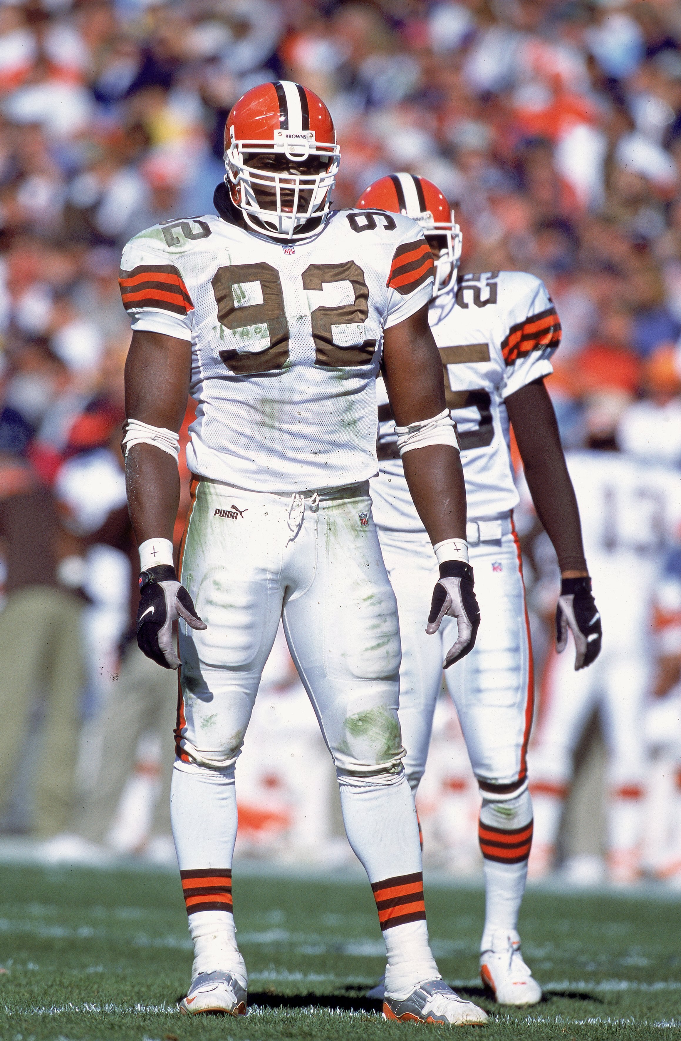 15 Oct 2000: Courtney Brown #92 of the Cleveland Browns stands on the field during the game against the Denver Broncos at the Mile High Stadium in Denver, Colorado. The Broncos defeated the Browns 44-10.Mandatory Credit: Brian Bahr  /Allsport