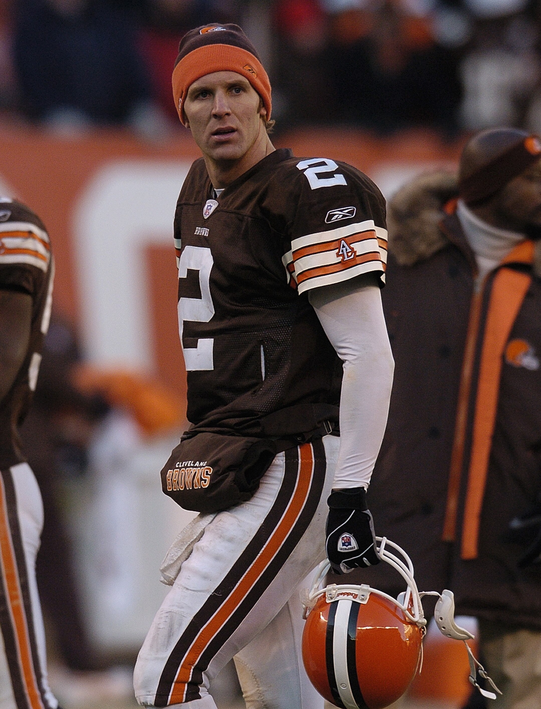 CLEVELAND - DECEMBER 21:  Quarterback Tim Couch #2 of the Cleveland Browns watches from the sidelines during the game against the Baltimore Ravens at Cleveland Browns Stadium on December 21, 2003 in Cleveland, Ohio.  The Ravens won 35-0.  (Photo by David