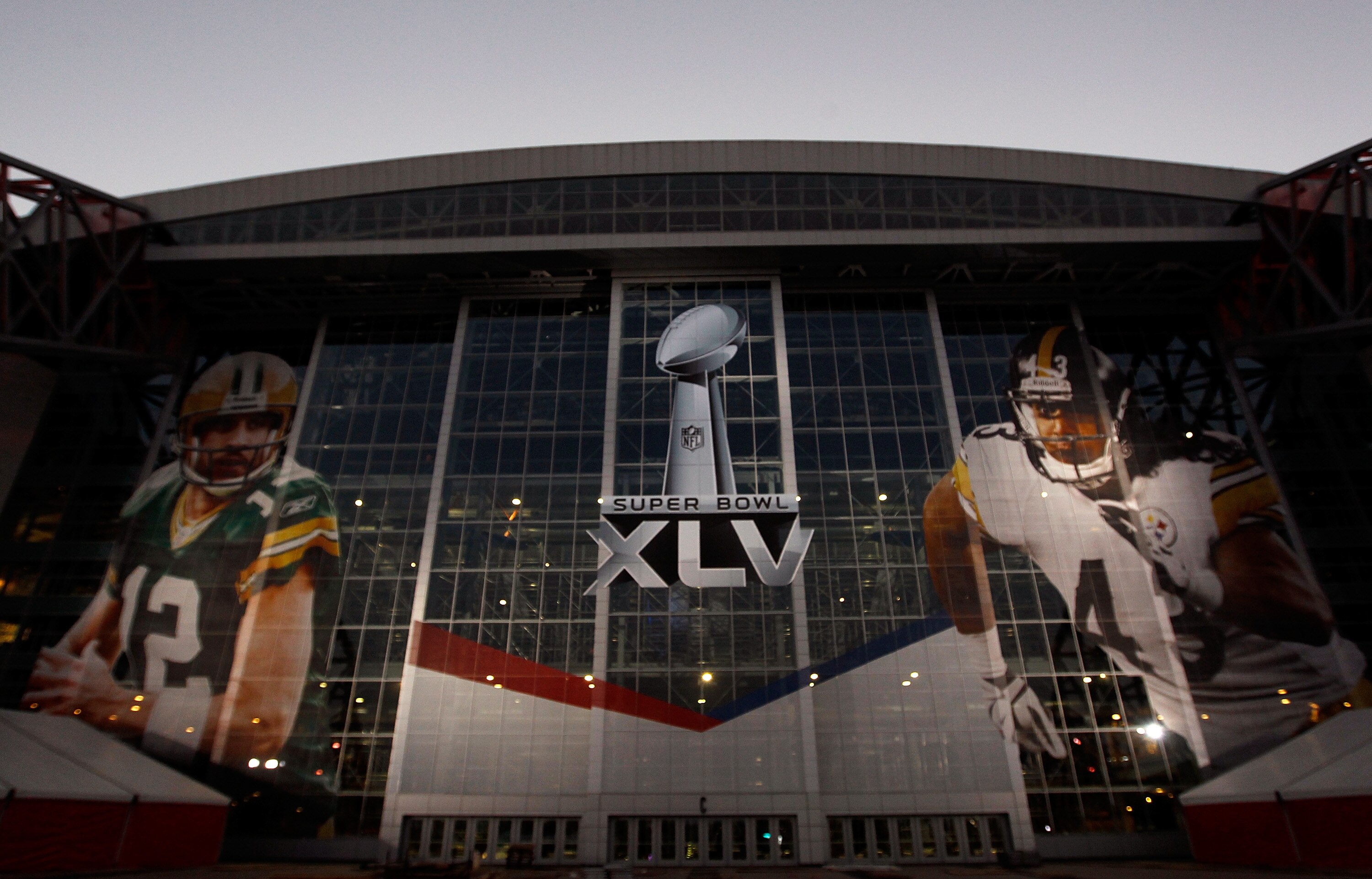 ARLINGTON, TX - JANUARY 30:  The logo for Super Bowl XLV outside of Cowboys Stadium on January 30, 2011 in Arlington, Texas. Cowboys Stadium will host Super Bowl XLV on February 6, 2011 between the Pittsburgh Steelers and the Green Bay Packers in Arlingto