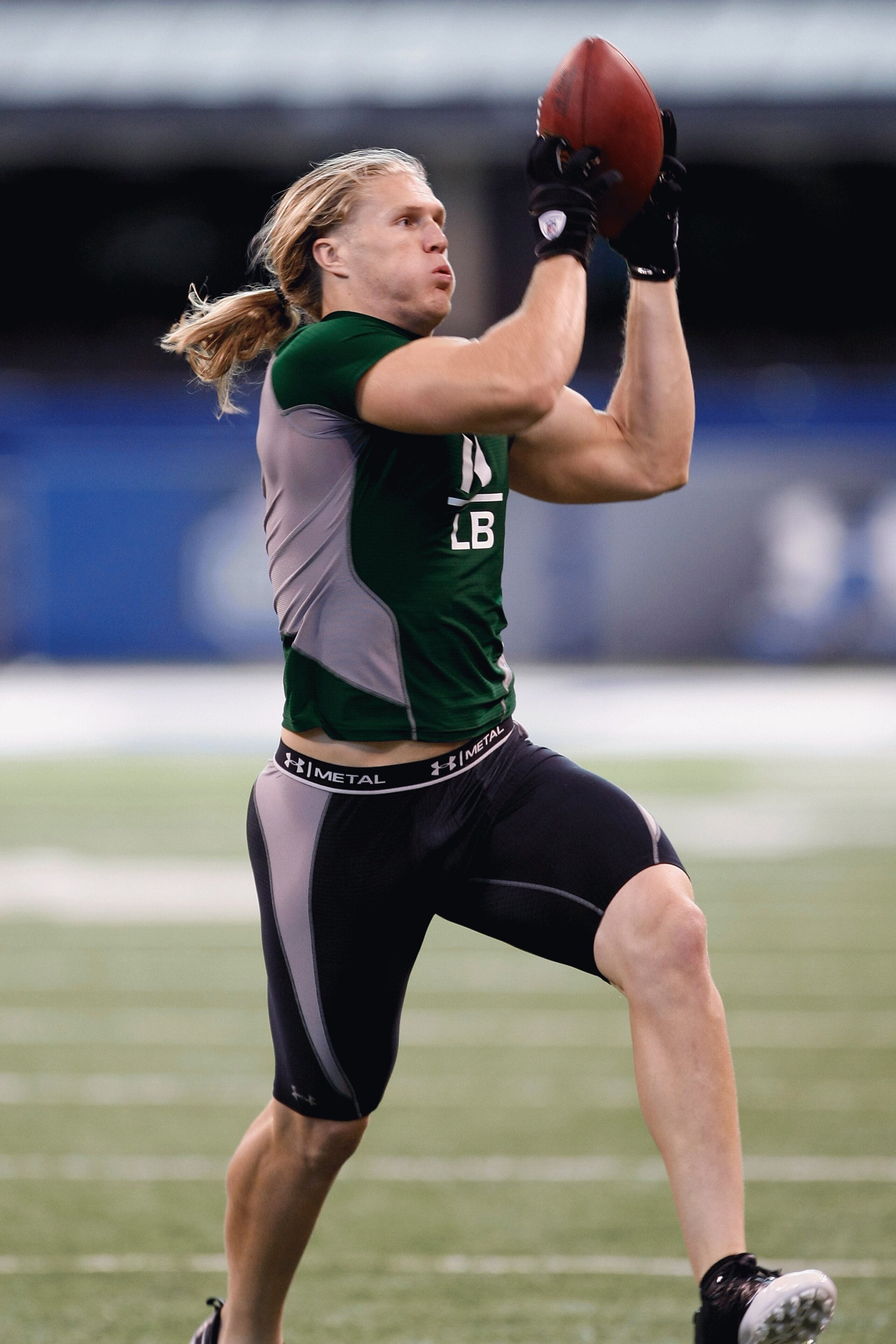 INDIANAPOLIS, IN - FEBRUARY 23:  Linebacker Clay Matthews of USC catches the football during the NFL Scouting Combine presented by Under Armour at Lucas Oil Stadium on February 23, 2009 in Indianapolis, Indiana. (Photo by Scott Boehm/Getty Images)
