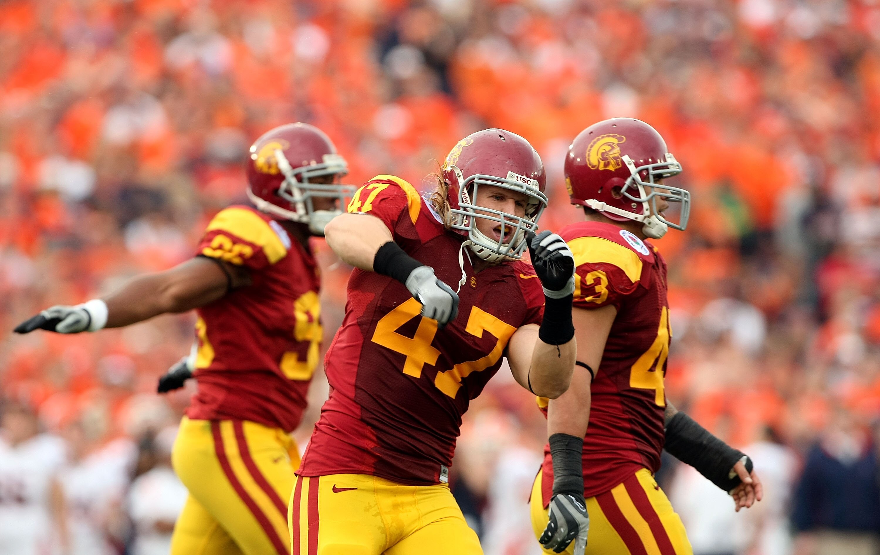 PASADENA, CA - JANUARY 01:  Clay Matthews #47 of the USC Trojans celebrates after the Illinois Fighting Illini missed a first quarter field goal attempt during the Rose Bowl presented by Citi at the Rose Bowl on January 1, 2008 in Pasadena, California. Th
