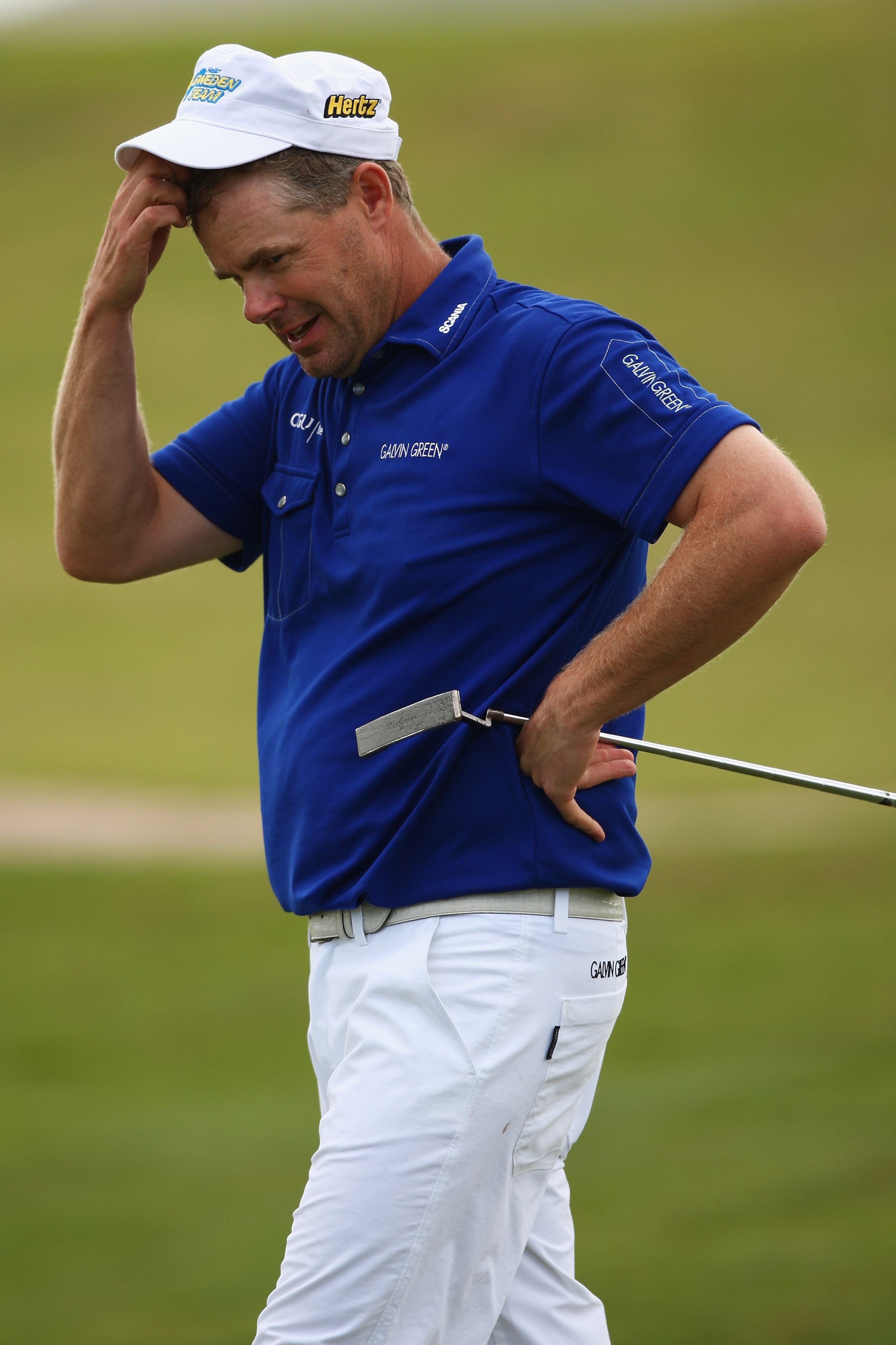 MADEIRA, PORTUGAL - MARCH 19:  Joakim Haeggman of Sweden looks perplexed after a missed putt on the fourteenth green during round one of the Madeira Islands Open BPI at the Porto Santo Golfe Club on March 19, 2009 in Porto Santo,Portugal.  (Photo by Micha