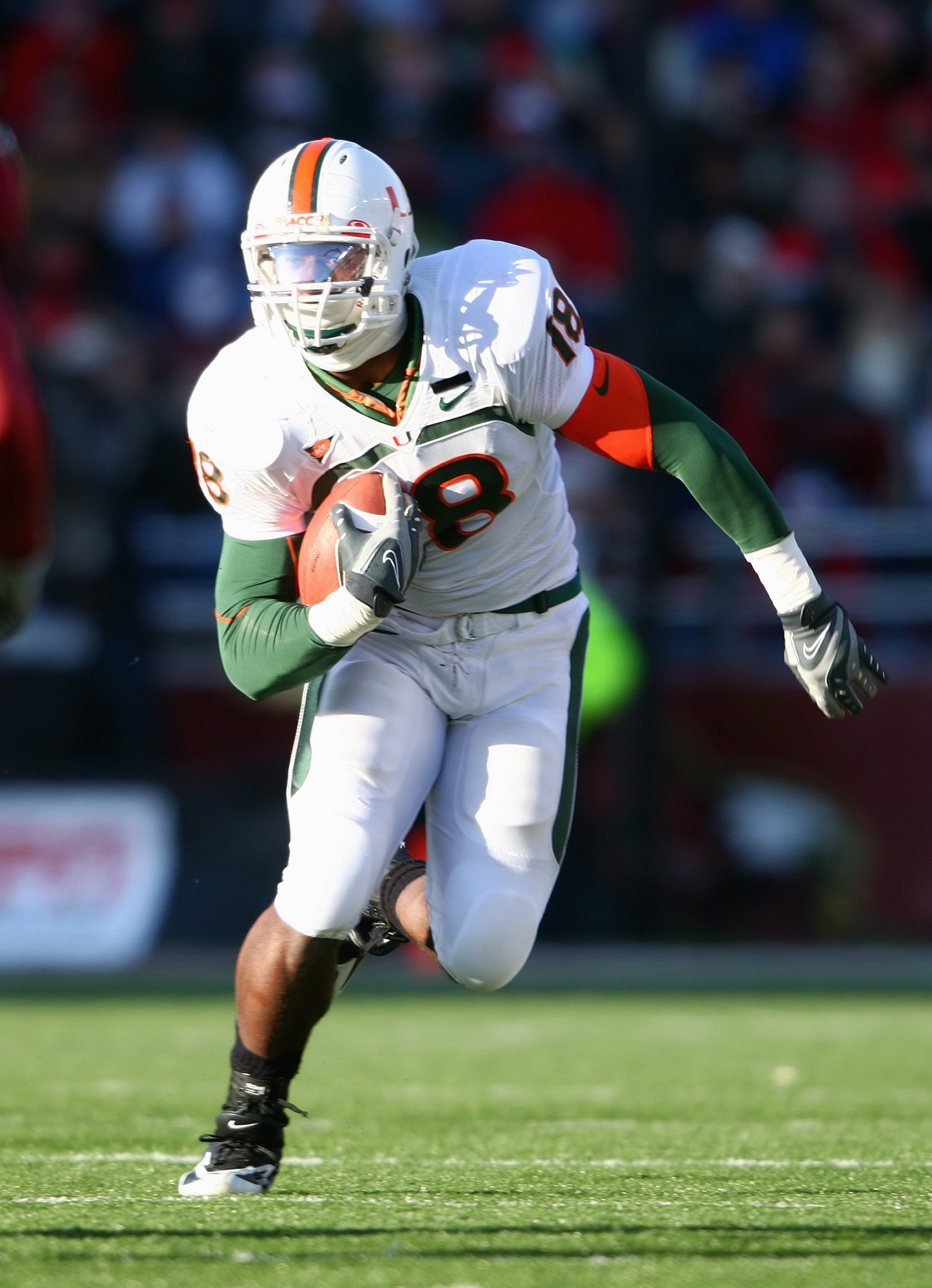CHESTNUT HILL, MA - NOVEMBER 24: Dedrick Epps #18 of the Miami Hurricanes carries the ball against the Boston College Eagles on November 24, 2007 at Alumni Stadium in in Chestnut Hill, Massachusetts. Boston College defeated Miami 28-14. (Photo by Elsa/Get