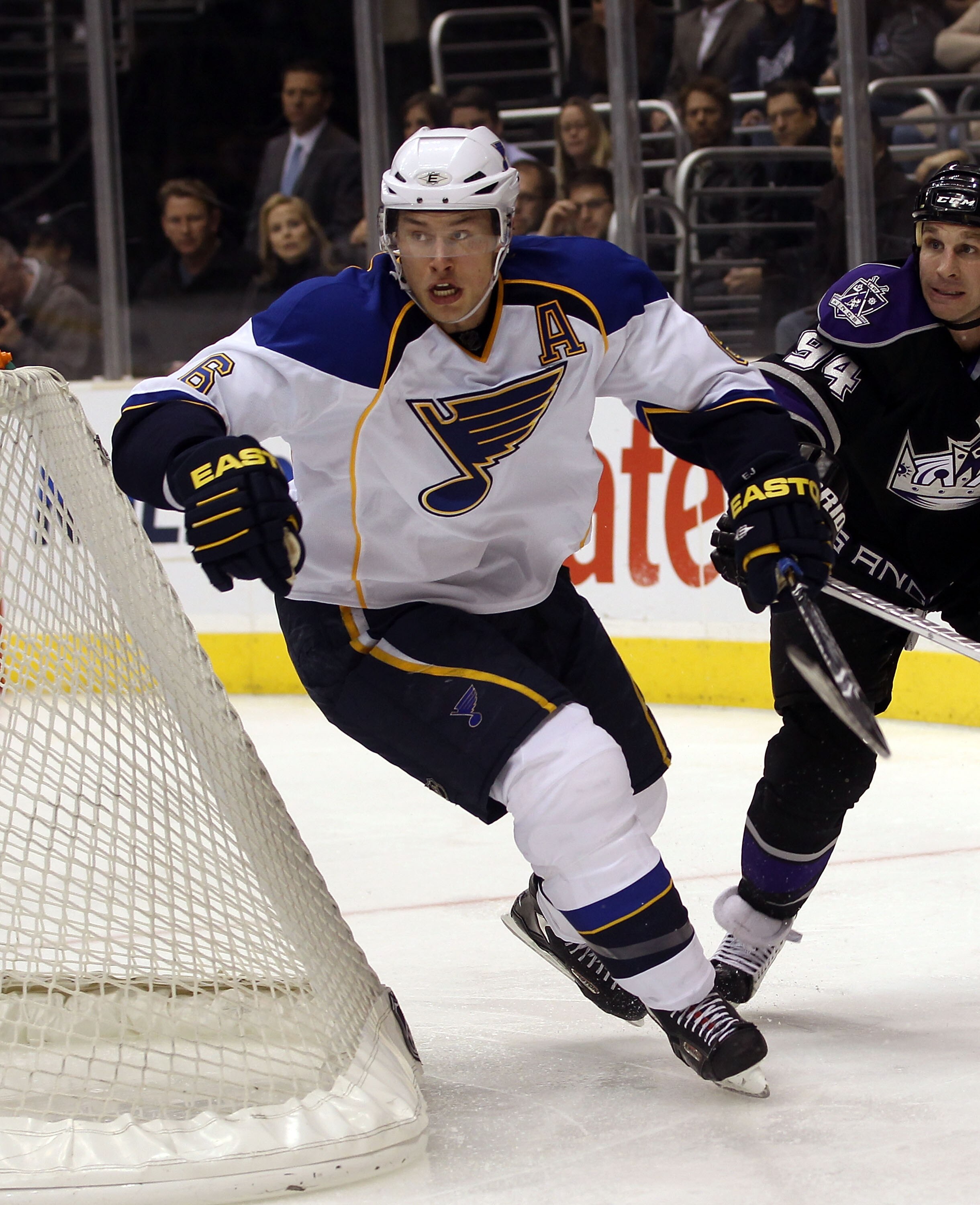 LOS ANGELES, CA - JANUARY 13:  Erik Johnson #6 of the St. Louis Blues skates against the Los Angeles Kings at the Staples Center on January 13, 2011 in Los Angeles, California.  (Photo by Bruce Bennett/Getty Images)