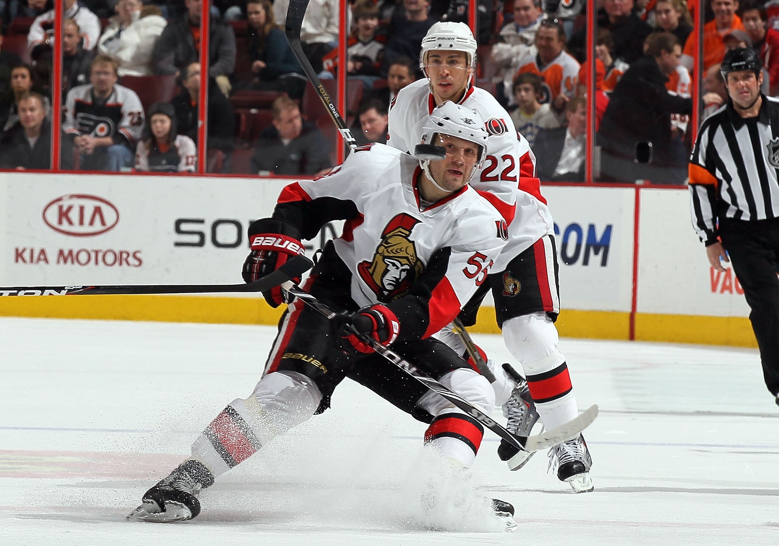 PHILADELPHIA, PA - JANUARY 20:  Sergei Gonchar #55 of the Ottawa Senators skates against the Philadelphia Flyers on January 20, 2011 at Wells Fargo Center in Philadelphia, Pennsylvania.  (Photo by Jim McIsaac/Getty Images)