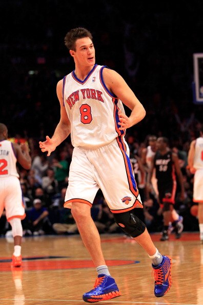 NEW YORK, NY - JANUARY 27:  Danilo Gallinari #2 of the New York Knicks reacts after scoring against the Miami Heat at Madison Square Garden on January 27, 2011 in New York City. NOTE TO USER: User expressly acknowledges and agrees that, by downloading and