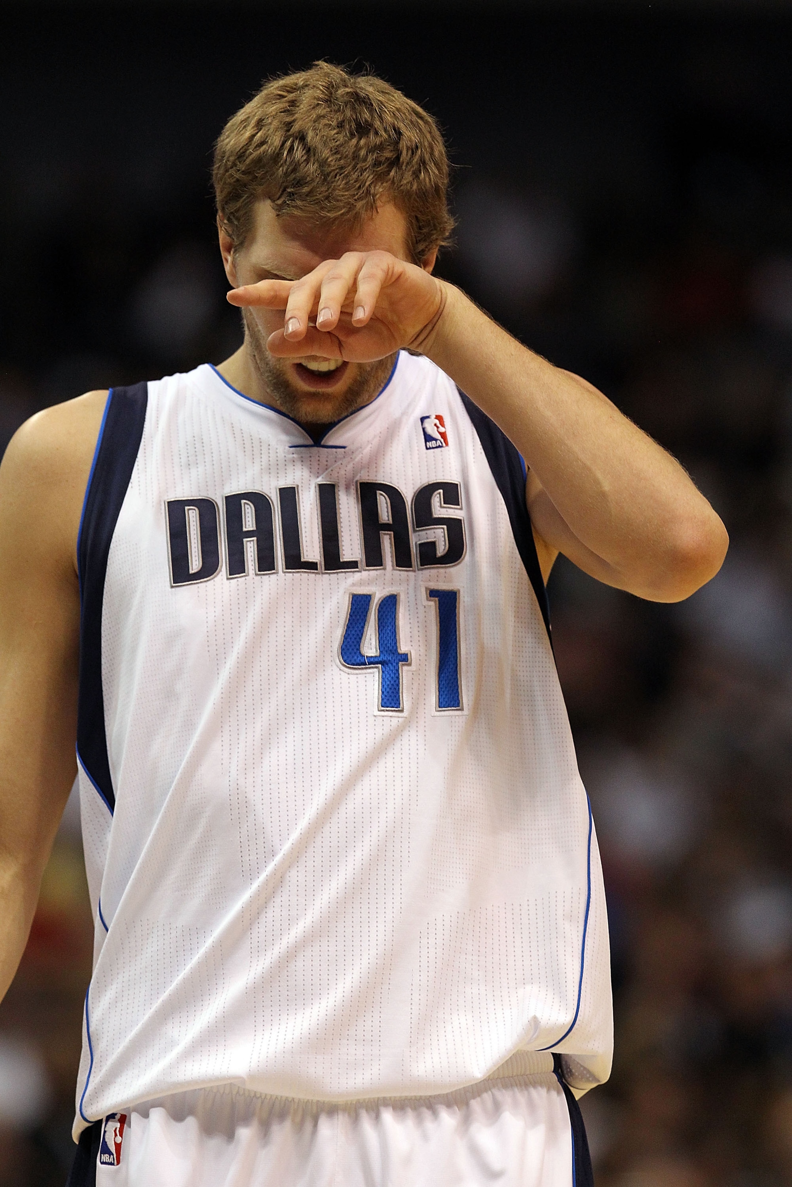 DALLAS, TX - JANUARY 25: Forward Dirk Nowitzki #41 of the Dallas Mavericks holds his eye after being hit during play against the Los Angeles Clippers at American Airlines Center on January 25, 2011 in Dallas, Texas. NOTE TO USER: User expressly acknowle DALLAS, TX - JANUARY 25: Forward Dirk Nowitzki #41 of the Dallas Mavericks holds his eye after being hit during play against the Los Angeles Clippers at American Airlines Center on January 25, 2011 in Dallas, Texas. NOTE TO USER: User expressly acknowle
