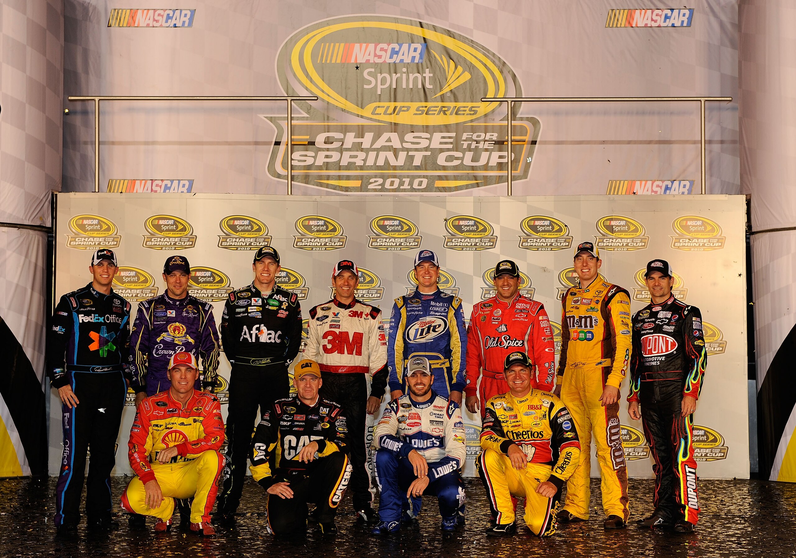 RICHMOND, VA - SEPTEMBER 11: (Back row from L-R) The 2010 NASCAR Sprint Cup Series Chase contenders Denny Hamlin, driver of the #11 FedEx Office Toyota, Matt Kenseth, driver of the #17 Crown Royal Ford, Carl Edwards, driver of the #99 Kellogg's/Cheez-It RICHMOND, VA - SEPTEMBER 11: (Back row from L-R) The 2010 NASCAR Sprint Cup Series Chase contenders Denny Hamlin, driver of the #11 FedEx Office Toyota, Matt Kenseth, driver of the #17 Crown Royal Ford, Carl Edwards, driver of the #99 Kellogg's/Cheez-It