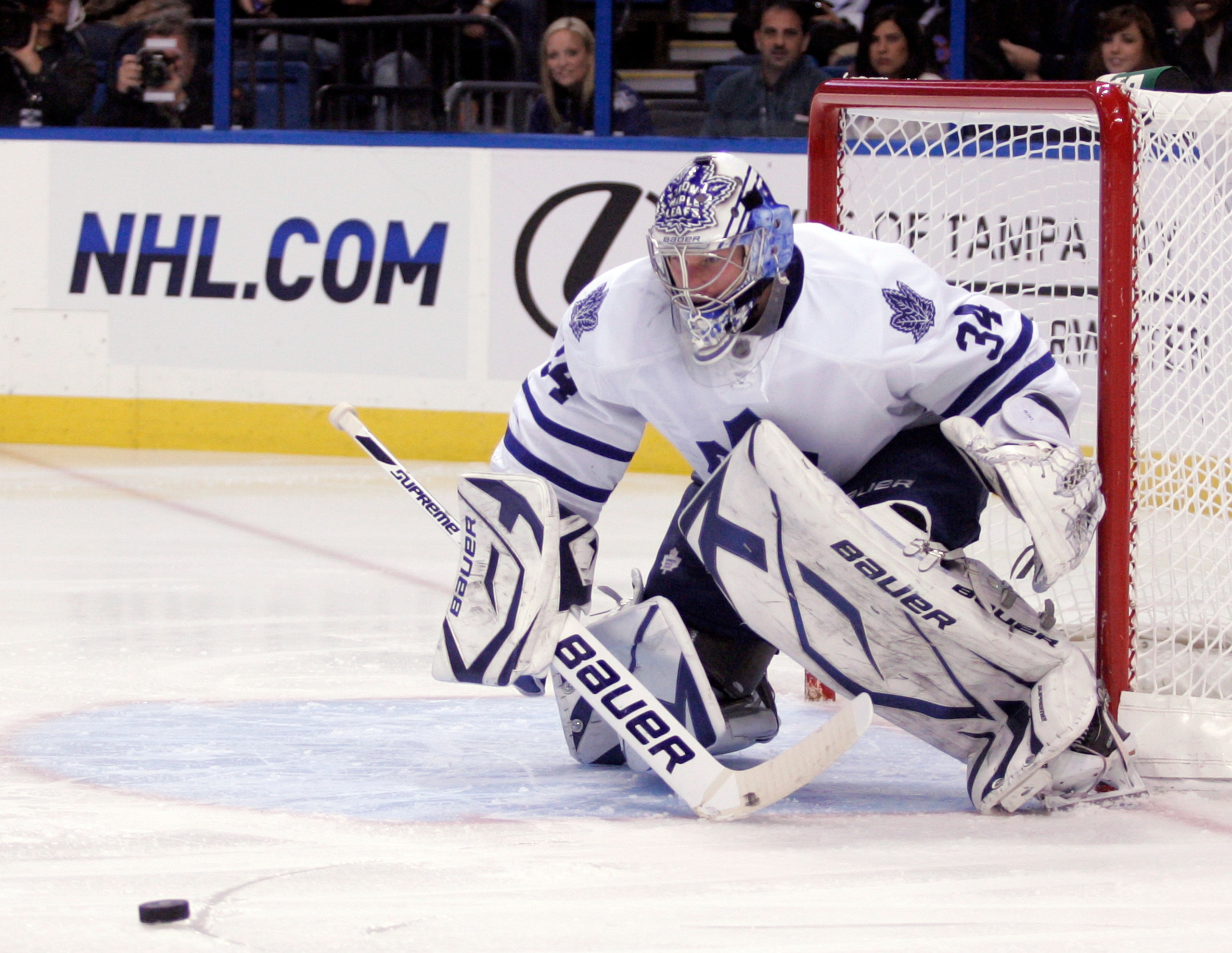 TAMPA, FL - JANUARY 25: James Reimer #34 of the Toronto Maple Leafs protects the net against the Tampa Bay Lightning at St. Pete Times Forum on January 25, 2011 in Tampa, Florida. The Lightning defeated the Leafs 2-0. (Photo by Justin K. Aller/Getty Image TAMPA, FL - JANUARY 25: James Reimer #34 of the Toronto Maple Leafs protects the net against the Tampa Bay Lightning at St. Pete Times Forum on January 25, 2011 in Tampa, Florida. The Lightning defeated the Leafs 2-0. (Photo by Justin K. Aller/Getty Image