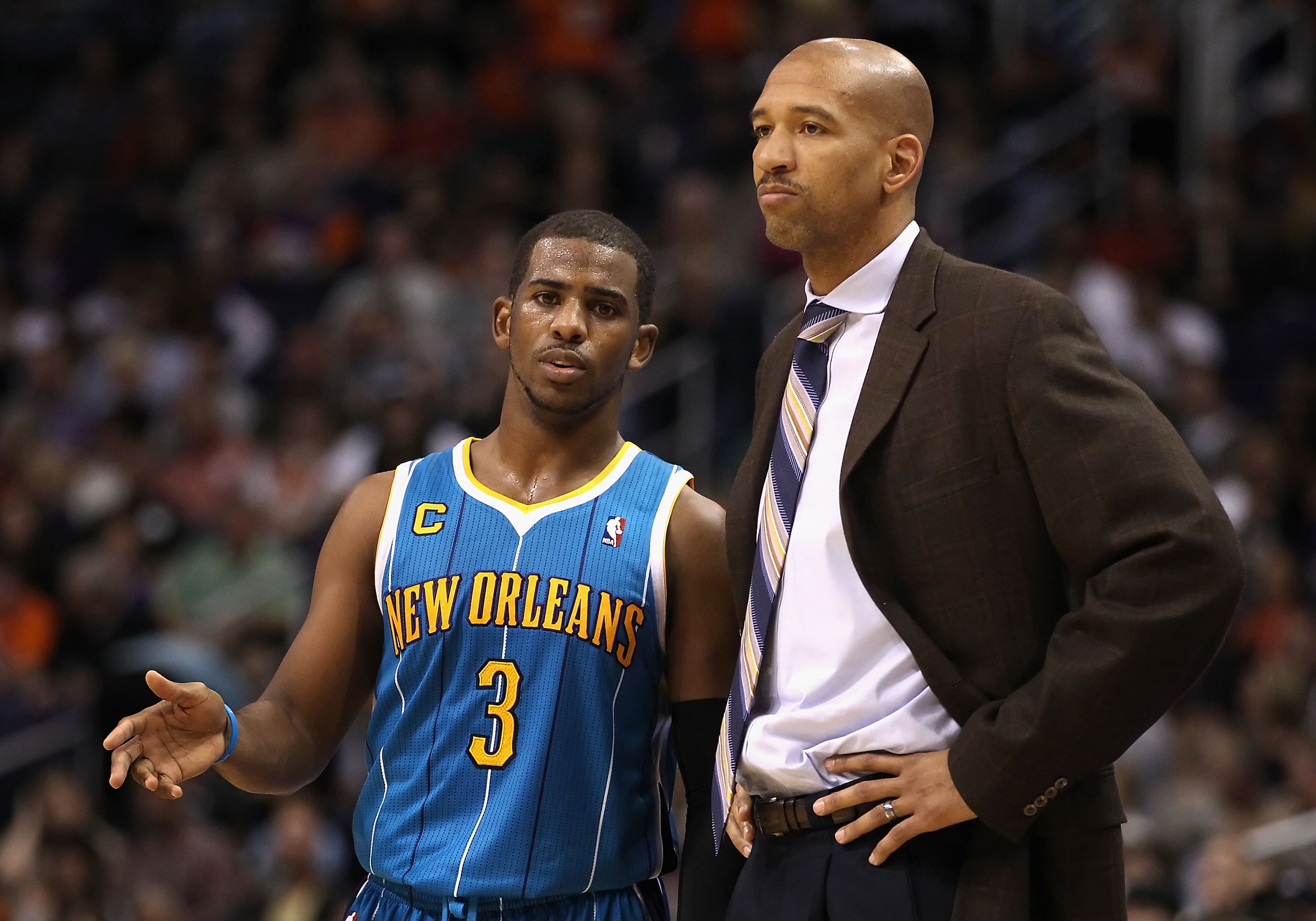 PHOENIX, AZ - JANUARY 30: Chris Paul #3 of the New Orleans Hornets talks with head coach Monty Williams during the NBA game against the Phoenix Suns at US Airways Center on January 30, 2011 in Phoenix, Arizona. The Suns defeated the Hornets 104-102. NOTE PHOENIX, AZ - JANUARY 30: Chris Paul #3 of the New Orleans Hornets talks with head coach Monty Williams during the NBA game against the Phoenix Suns at US Airways Center on January 30, 2011 in Phoenix, Arizona. The Suns defeated the Hornets 104-102. NOTE
