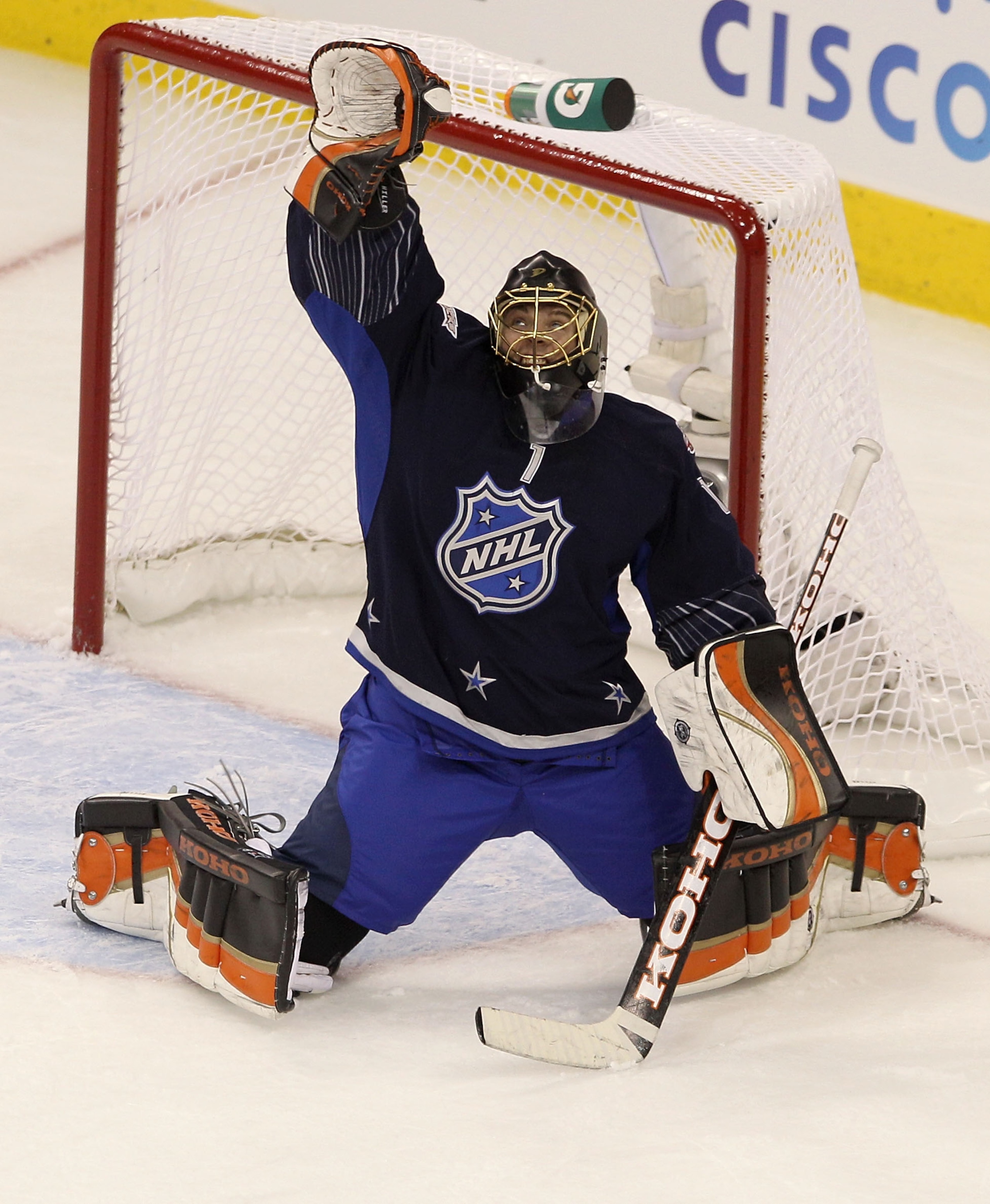 RALEIGH, NC - JANUARY 30: Team Lidstrom player Jonas Hiller #1 of the Anaheim Ducks attempts to make a save against Team Staal in the 58th NHL All-Star Game at RBC Center on January 30, 2011 in Raleigh, North Carolina. (Photo by Bruce Bennett/Getty Imag RALEIGH, NC - JANUARY 30: Team Lidstrom player Jonas Hiller #1 of the Anaheim Ducks attempts to make a save against Team Staal in the 58th NHL All-Star Game at RBC Center on January 30, 2011 in Raleigh, North Carolina. (Photo by Bruce Bennett/Getty Imag